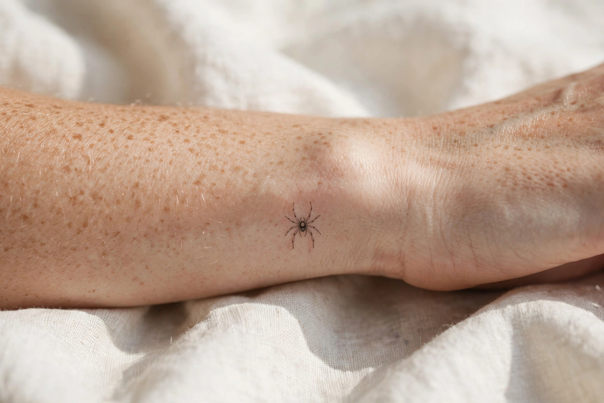 Tiny minimalist fine-line spider tattoo on a wrist