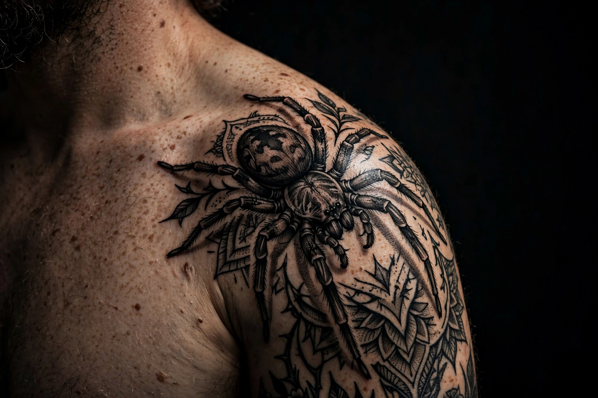 Large realistic blackwork spider tattoo across a shoulder, professional tattoo photography