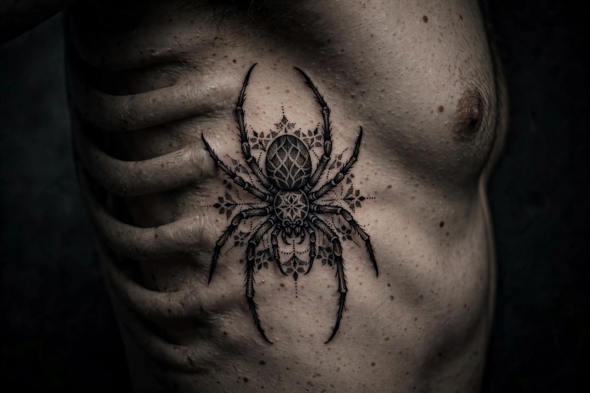 Gothic dotwork spider tattoo on the ribcage, moody professional tattoo photo
