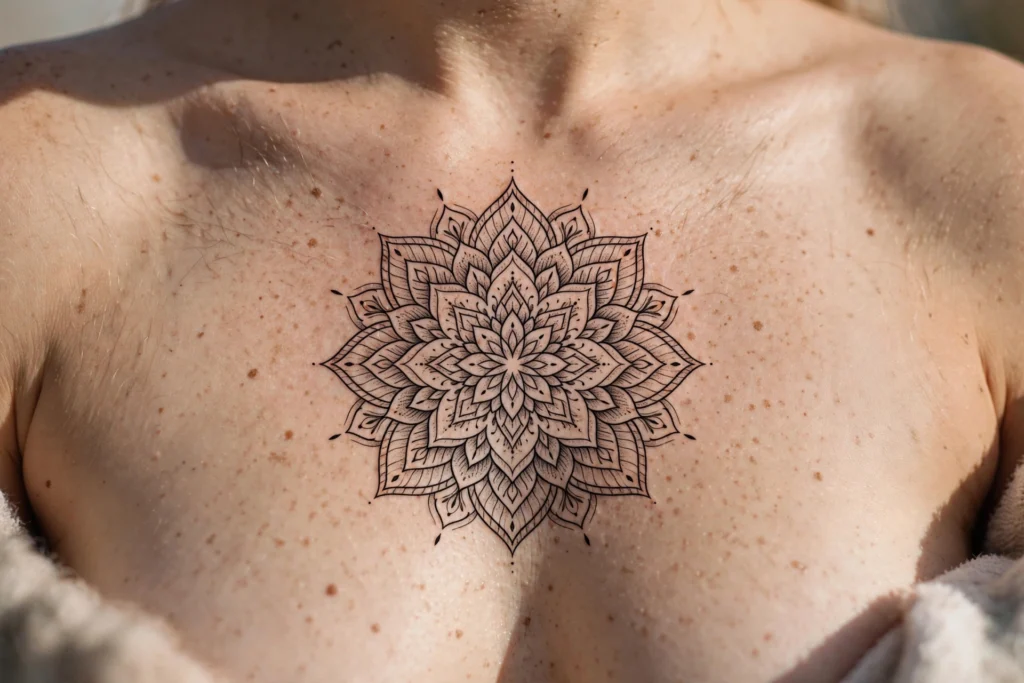 Delicate mandala sternum tattoo design close-up