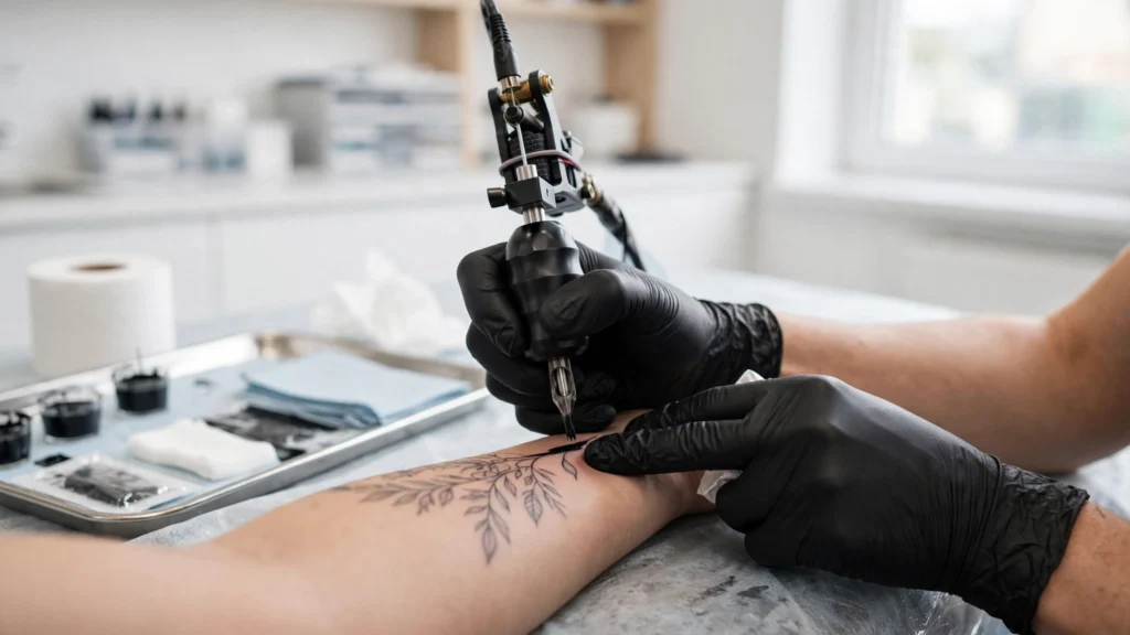 Tattoo artist working in a bright professional studio