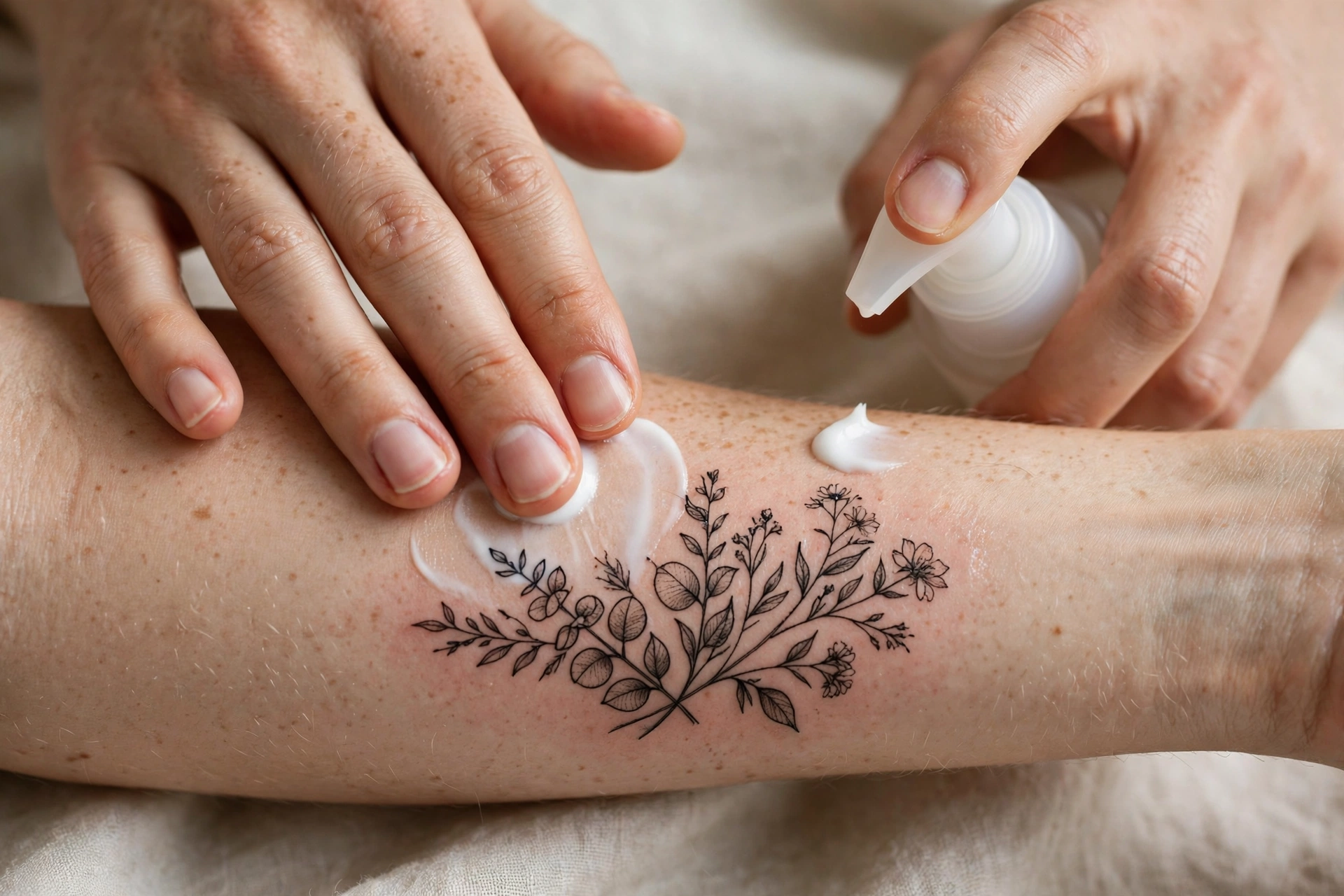 Hands gently applying fragrance-free moisturizer lotion to a fresh forearm tattoo