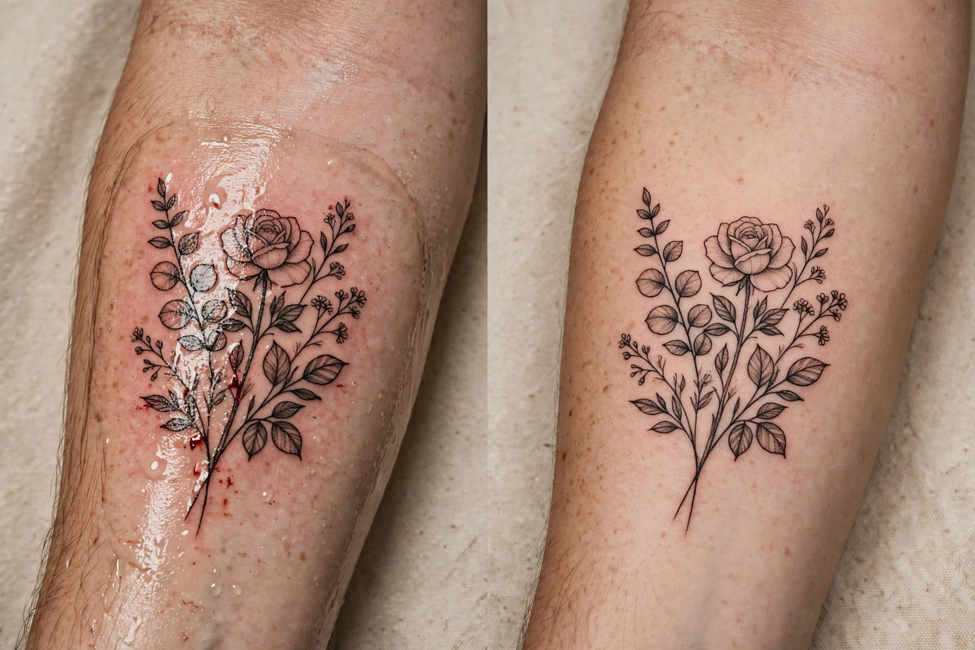 Tattoo healing timeline: fresh tattoo versus fully healed result, side by side