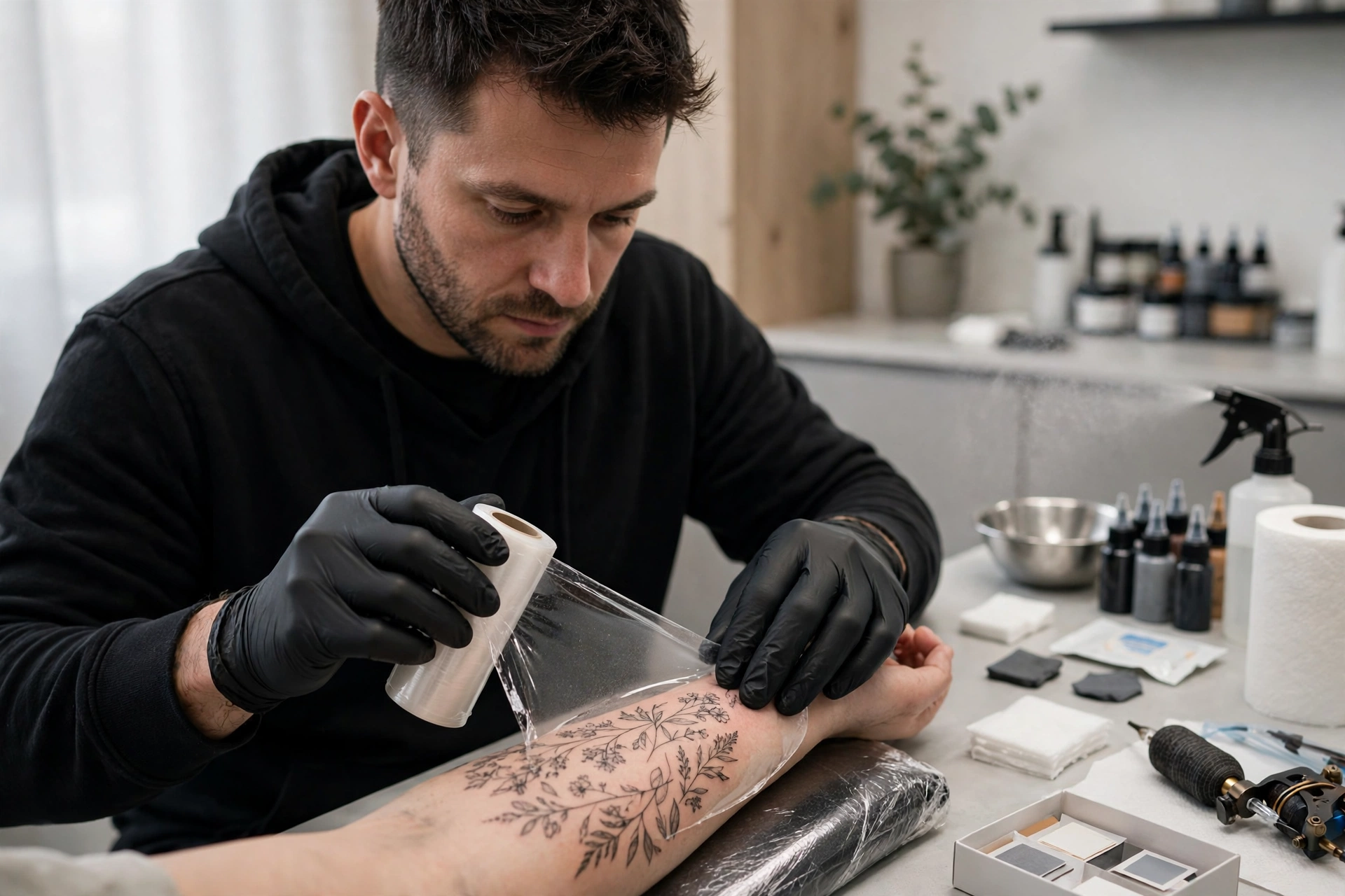 Person wrapping a fresh tattoo with protective second-skin film in a clean studio