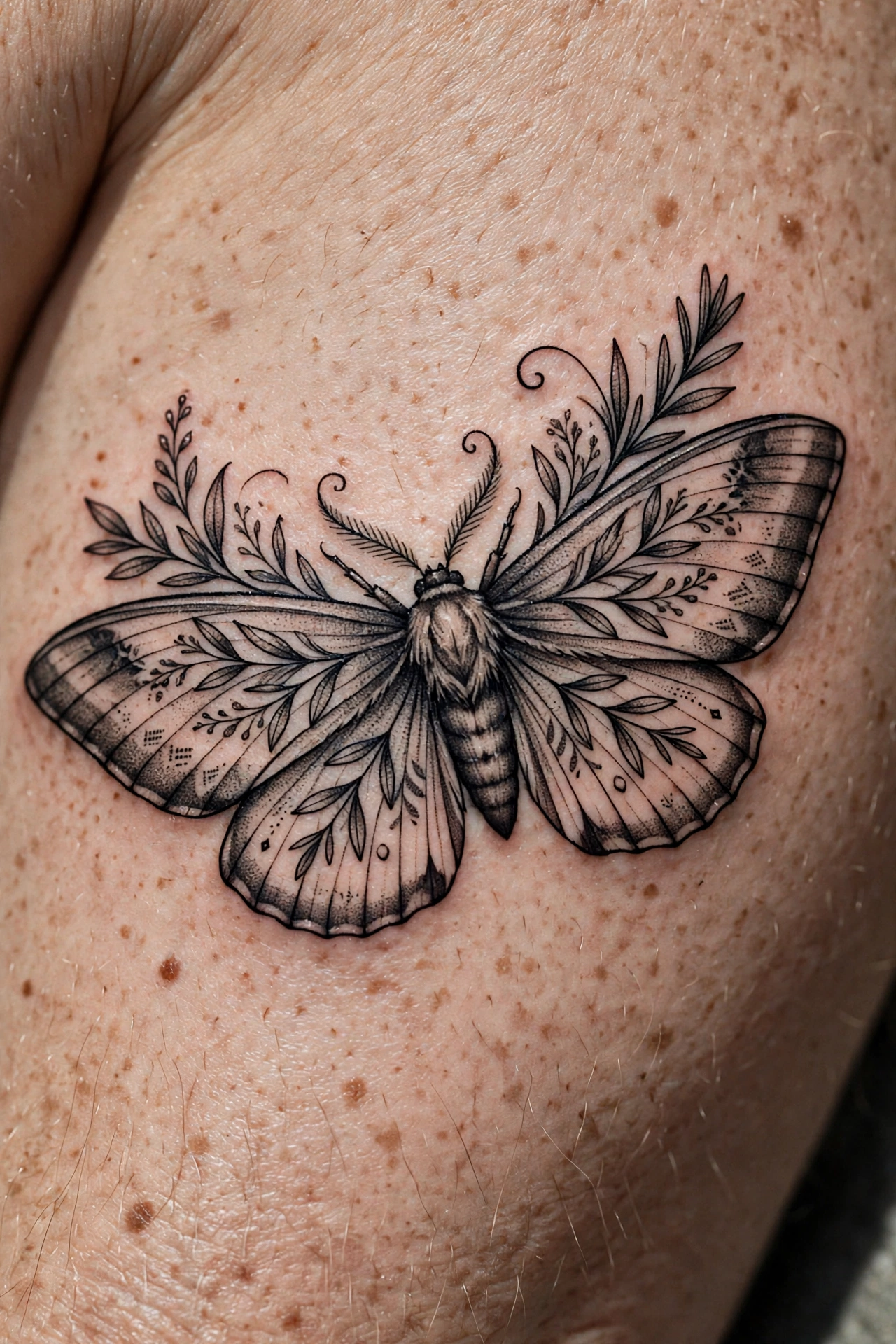 Close-up of a crisp healed black-and-grey tattoo with flawless detail