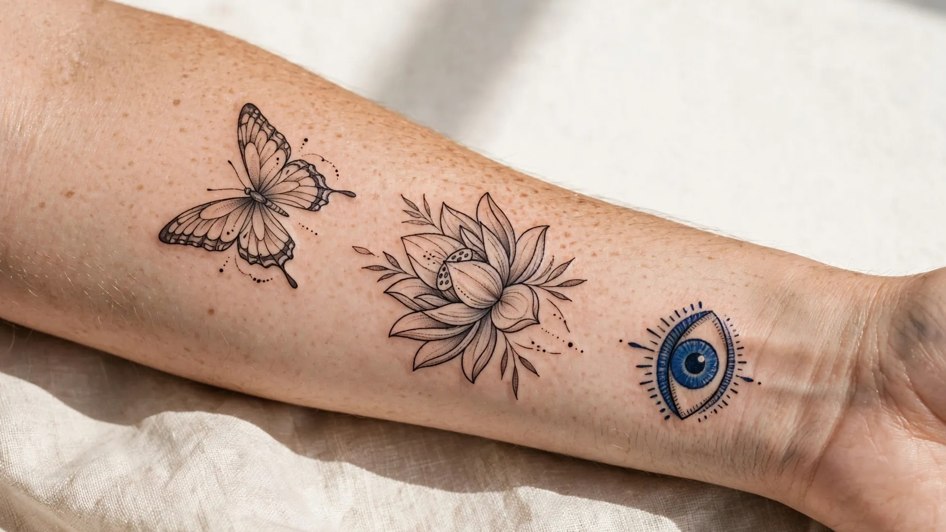 Editorial collage of tattoo meaning symbols including a butterfly, lotus flower and evil eye design
