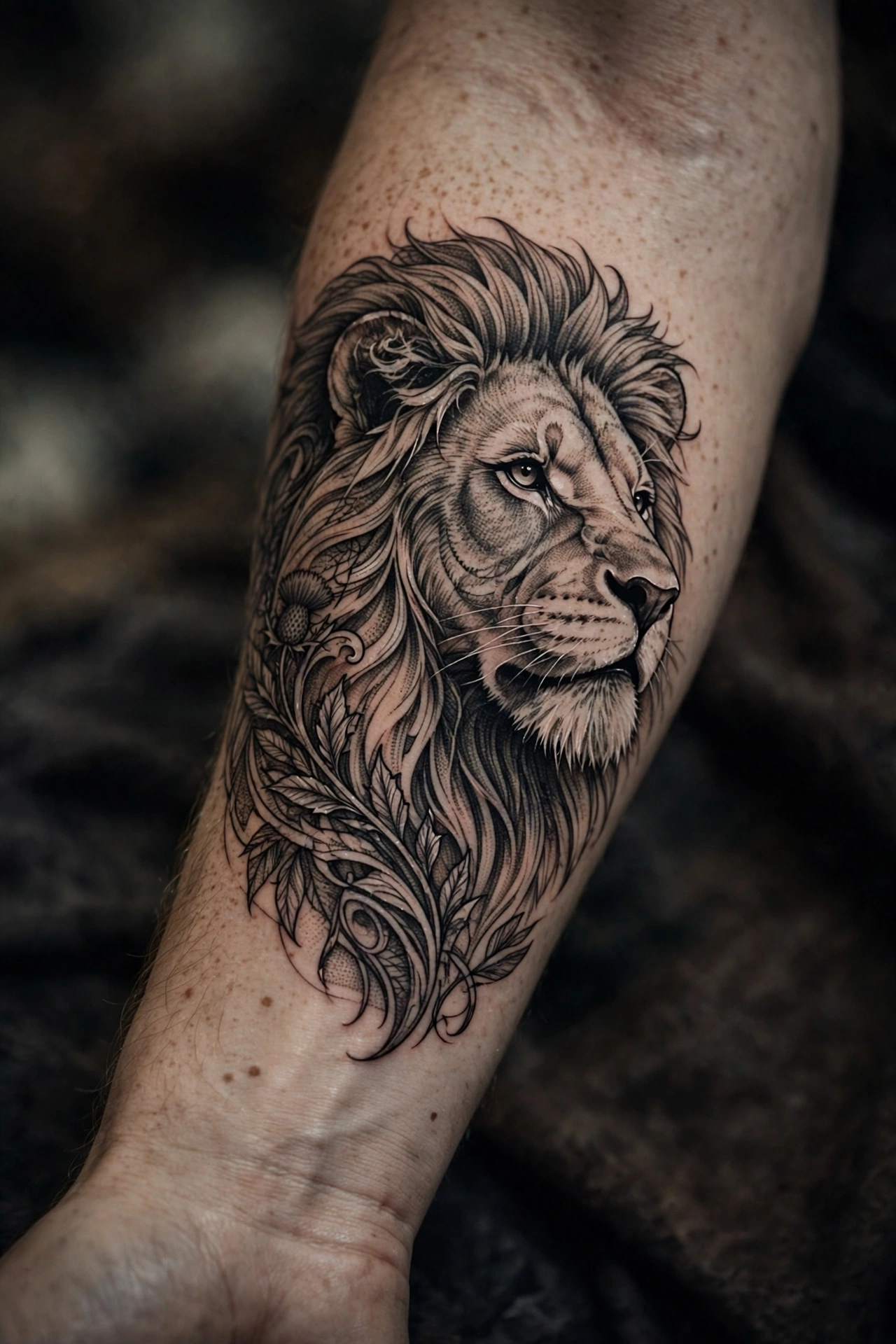Detailed lion tattoo on a forearm representing courage and strength in tattoo symbolism