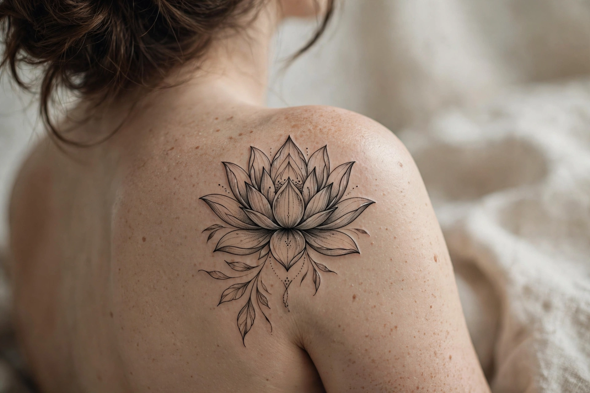 Elegant lotus flower tattoo on a shoulder symbolizing rebirth and rising from struggle