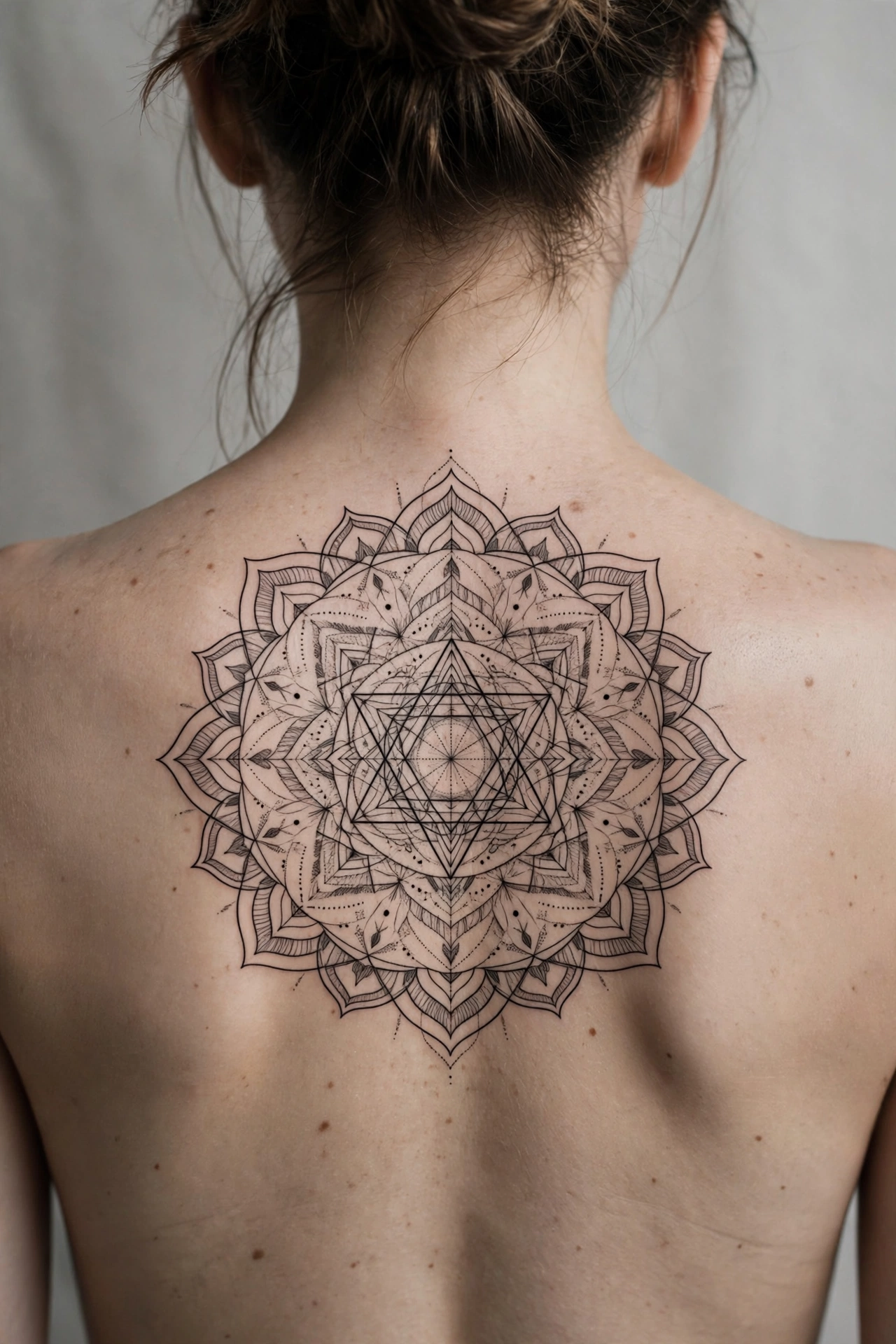 Geometric sacred mandala tattoo on a back representing spiritual balance and wholeness