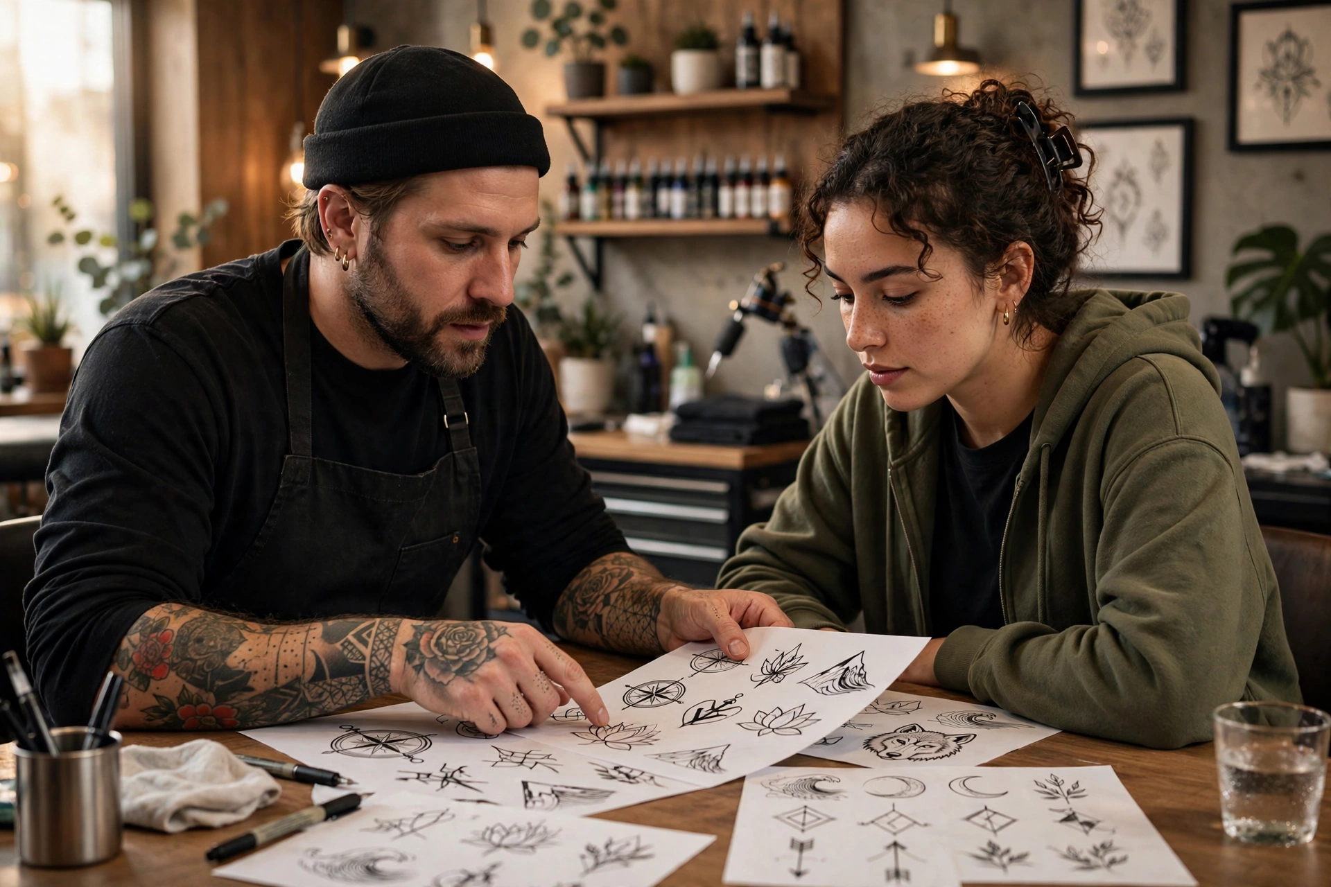 Tattoo artist consulting with a client, researching symbol meanings before inking