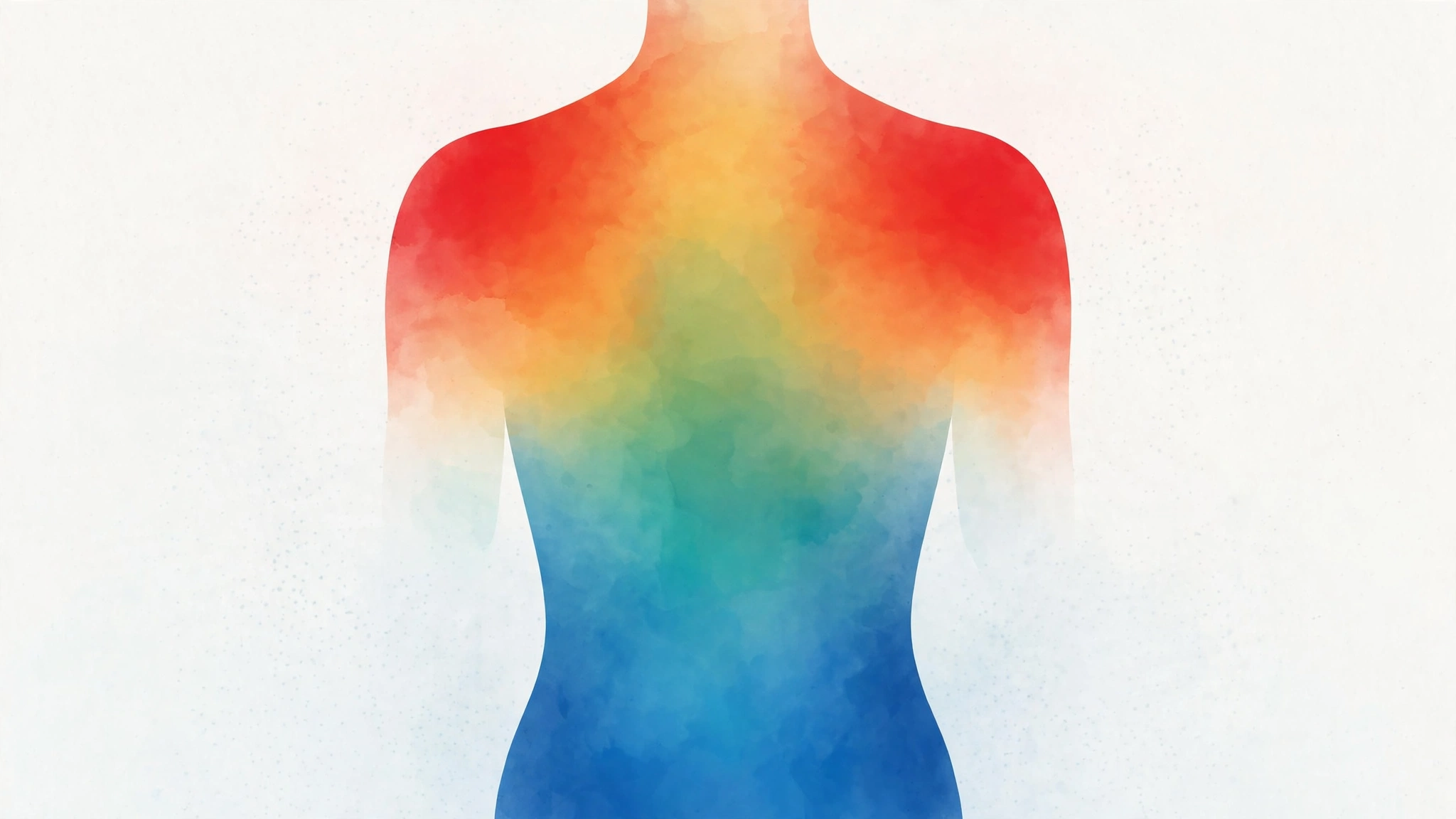 Editorial magazine-style illustration of a human torso silhouette with a soft heatmap gradient of tattoo pain zones from cool blue on the least painful areas to warm red on the most painful areas, clean modern medical-art look, no text