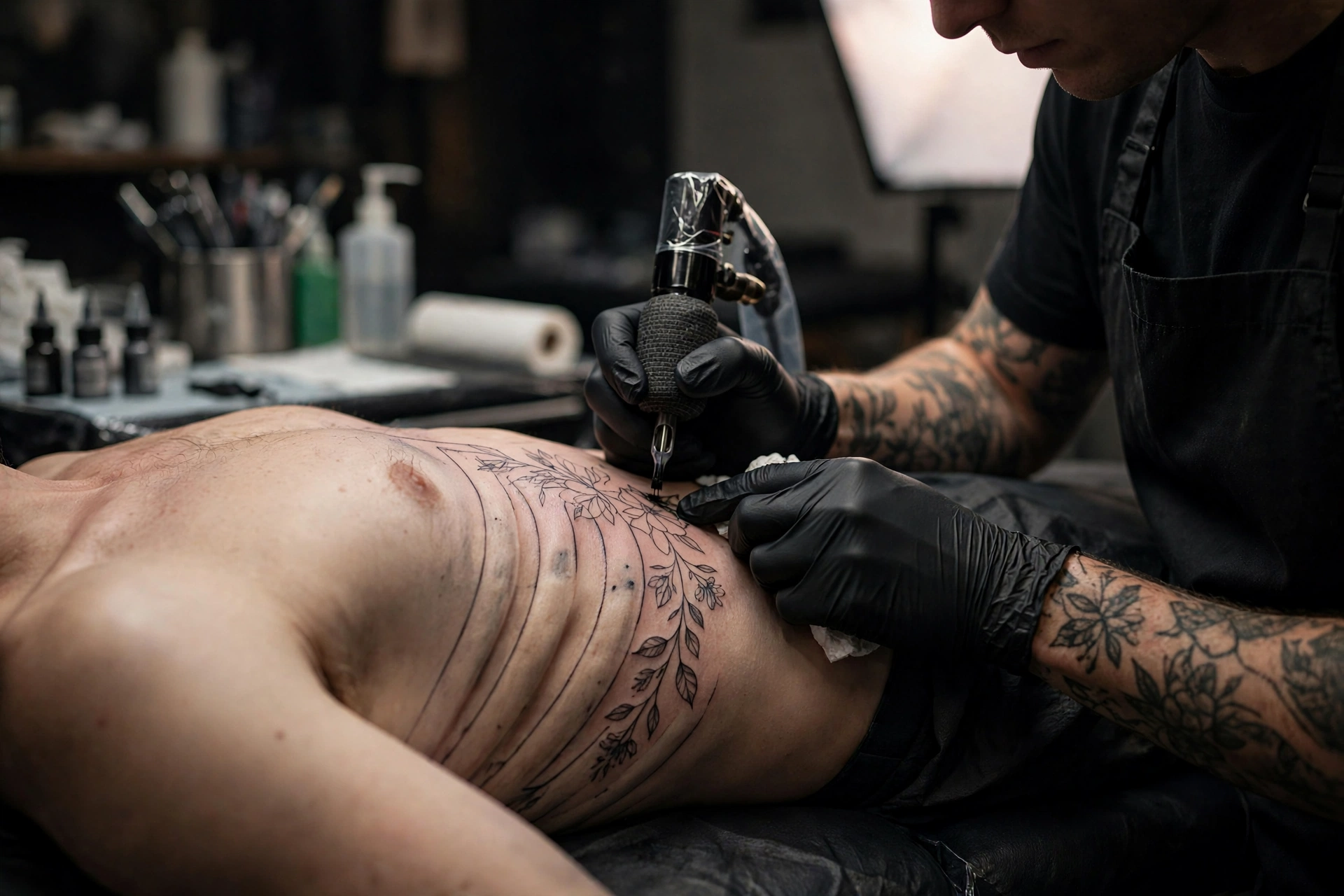 Close-up editorial photograph of a tattoo artist's gloved hands working on a client's ribcage in a professional tattoo studio with dramatic soft lighting