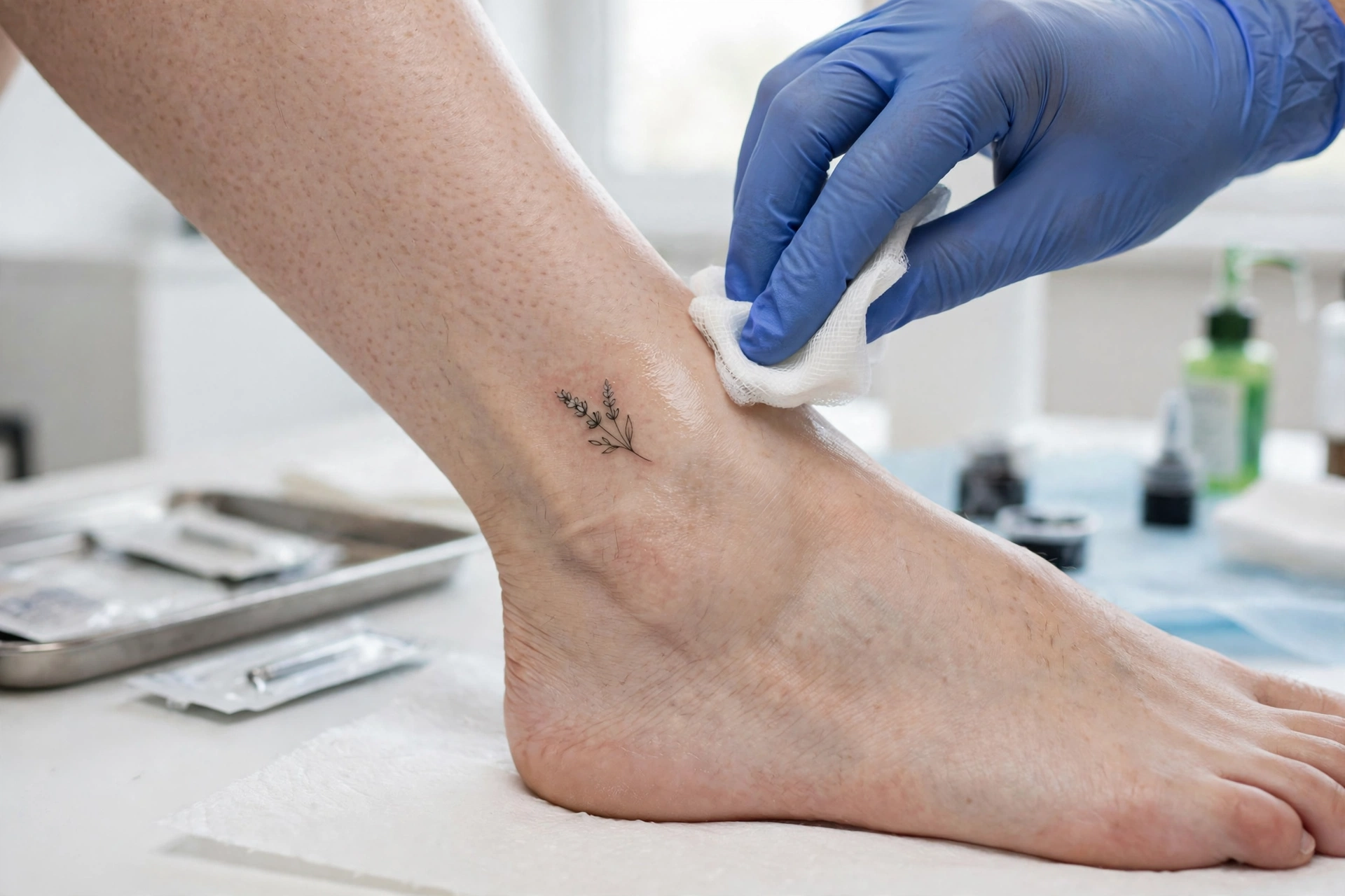 Professional photograph of a woman's ankle with a fresh small tattoo being gently wiped by a gloved artist hand in a bright clean tattoo studio