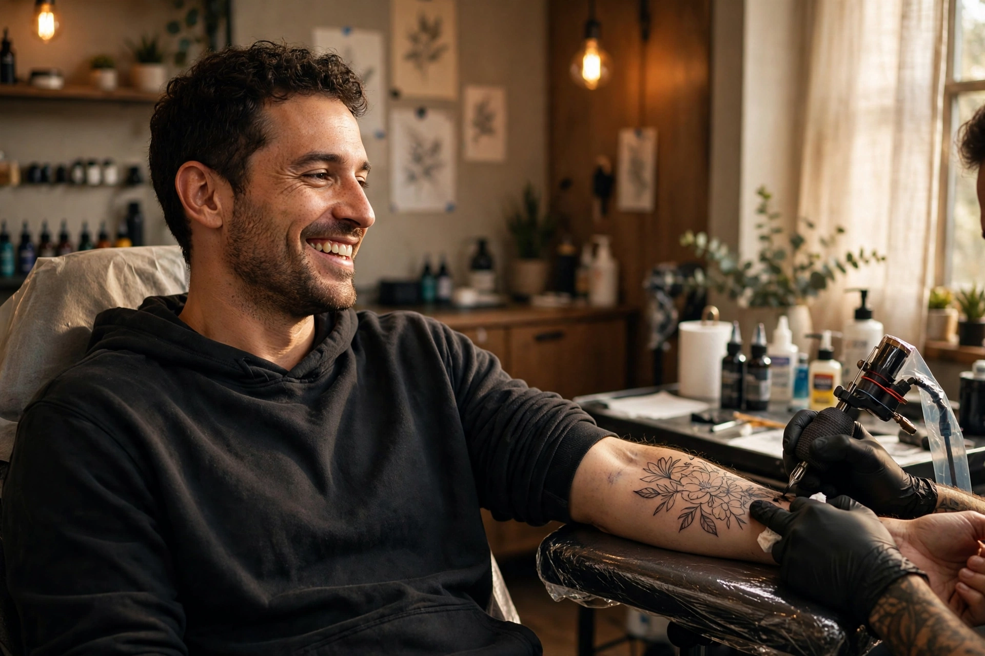 Candid editorial photograph of a relaxed smiling client during a forearm tattoo session in a warmly lit professional tattoo studio