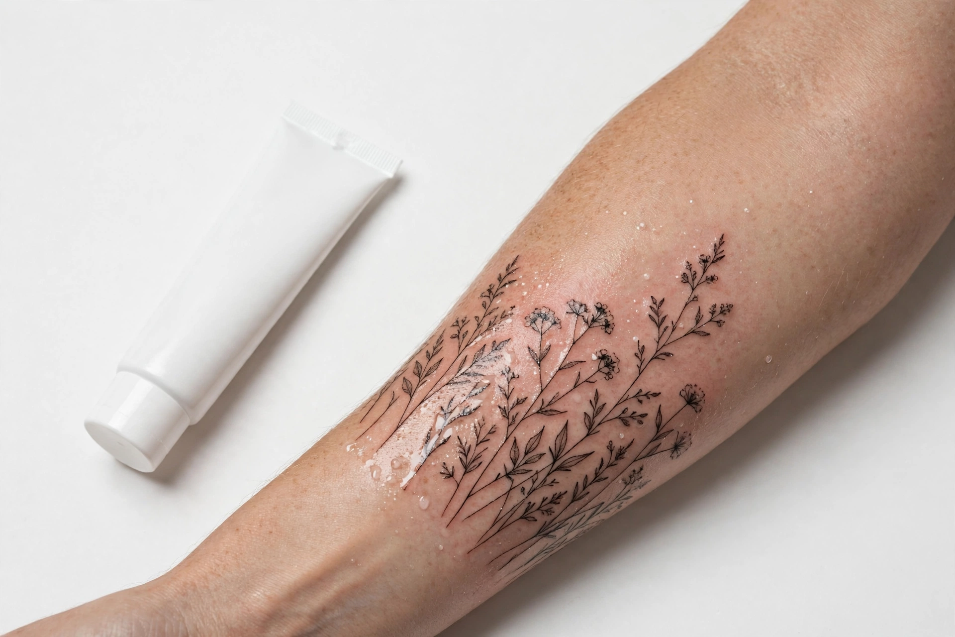 Numbing cream tube beside a freshly tattooed arm on a clean white surface