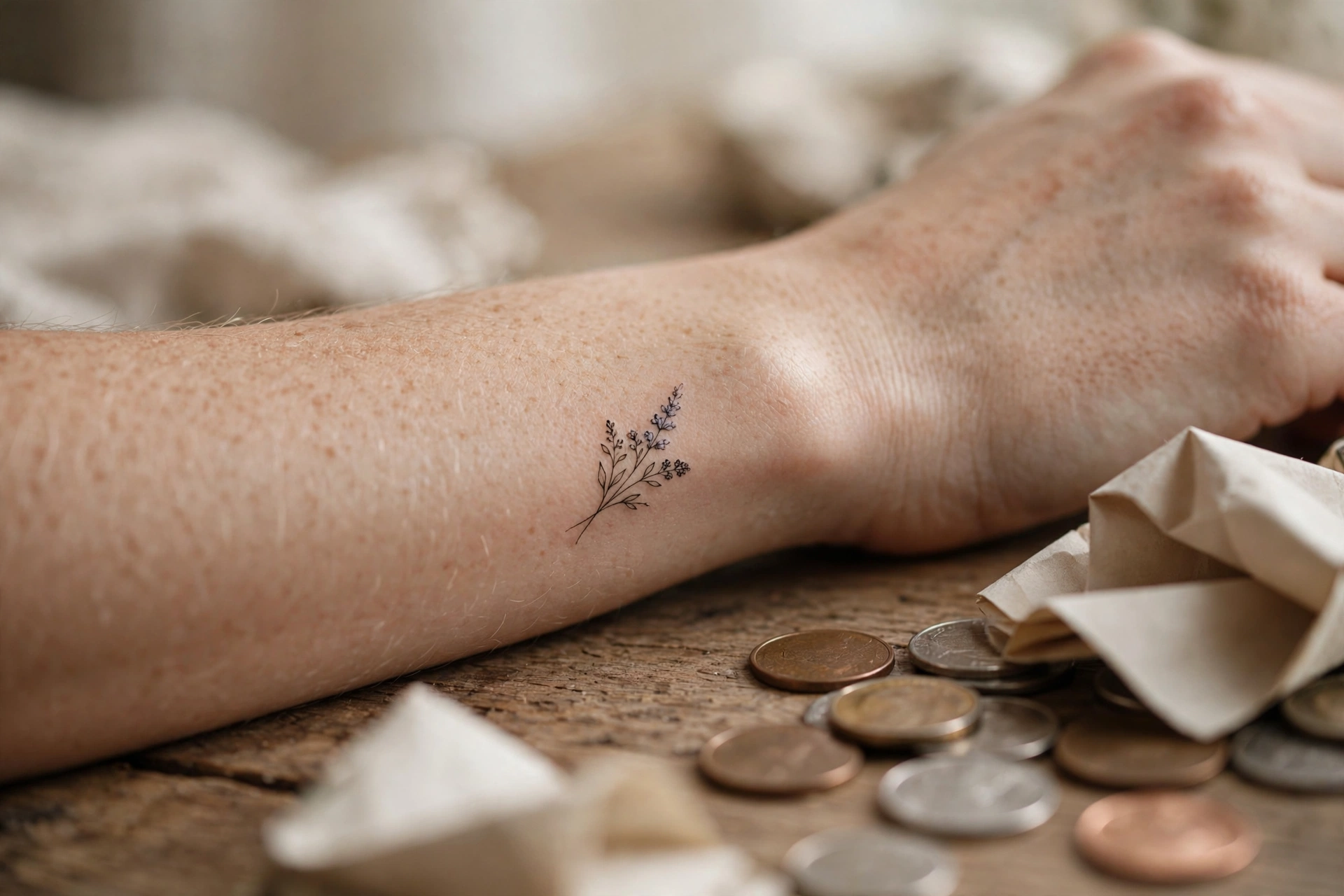 Small delicate wrist tattoo beside coins illustrating tattoo prices