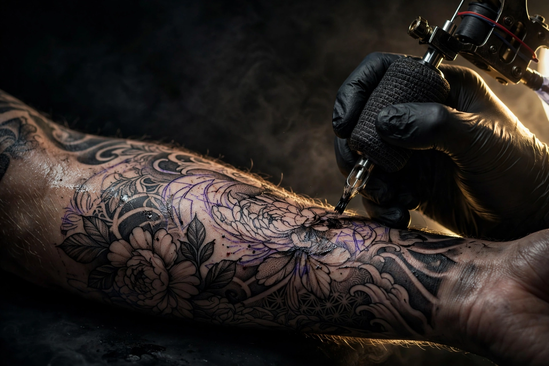 Tattoo sleeve in progress, machine close-up with dramatic lighting