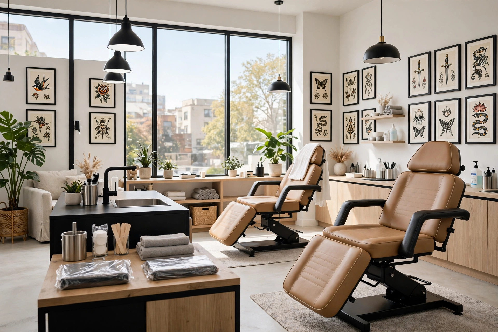 Clean modern tattoo studio interior with framed flash art