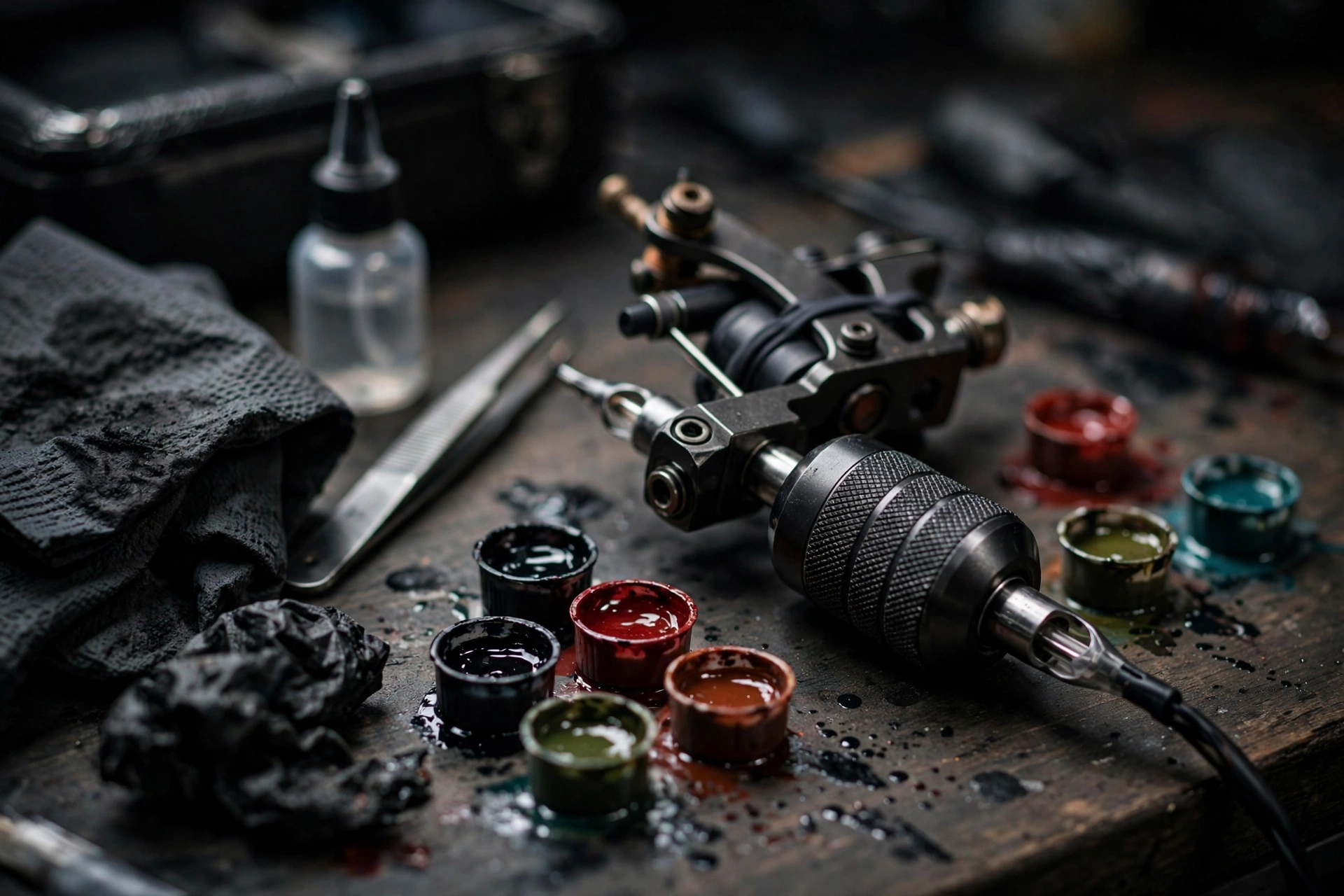 Tattoo artist workstation with machine and ink caps