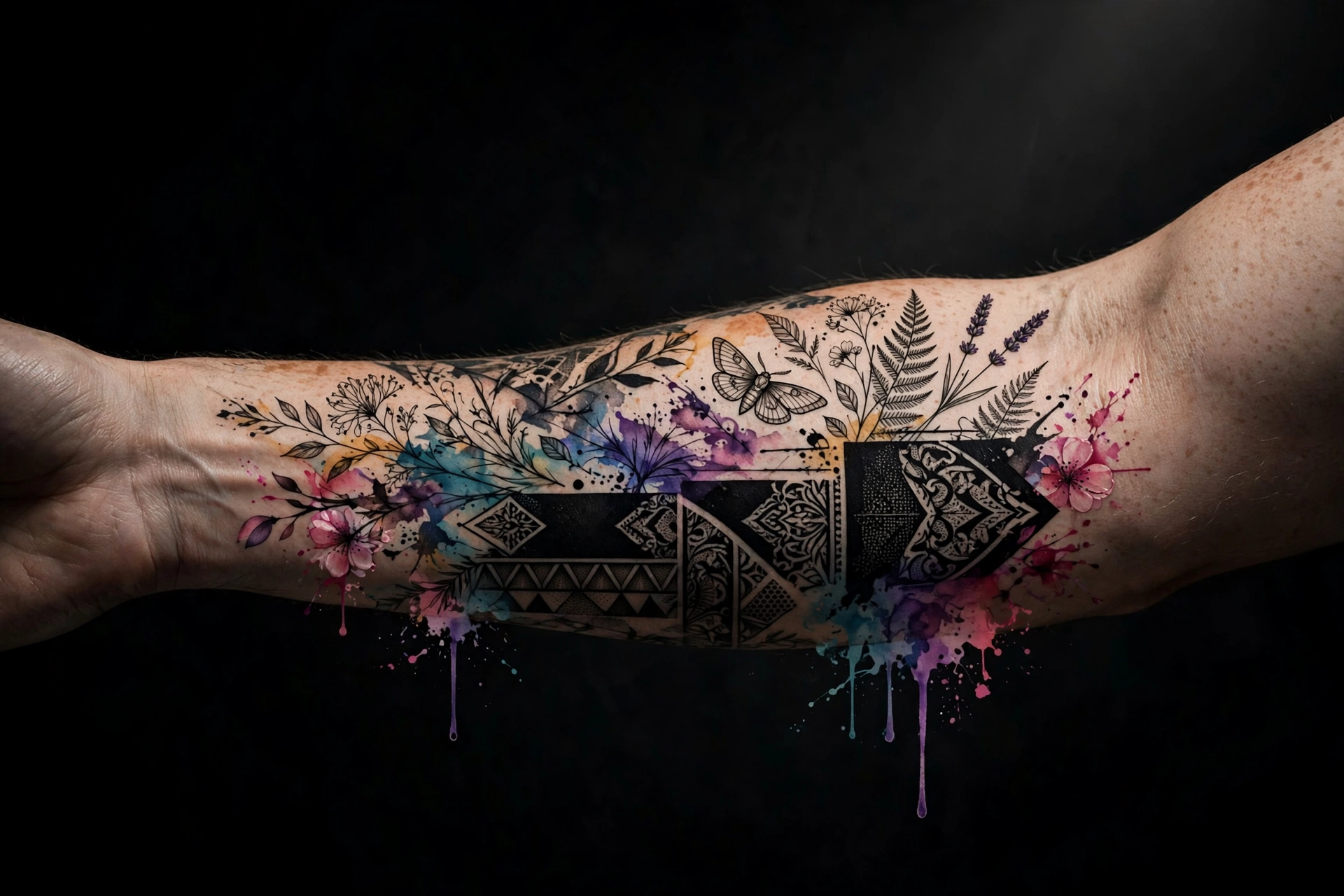 Tattooed sleeve blending fine line, blackwork and watercolor tattoo styles