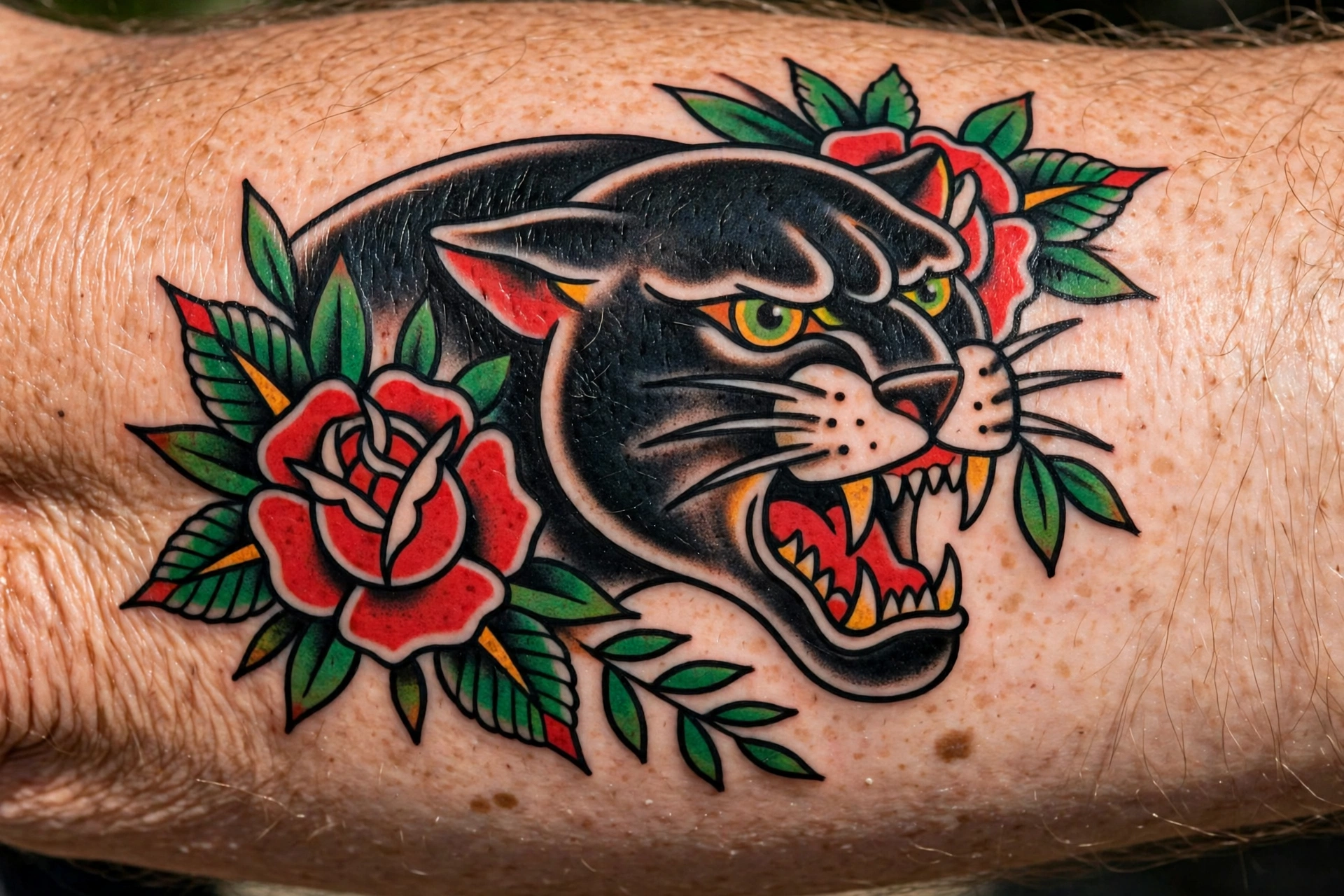 Classic American traditional tattoo with bold lines and vivid colors