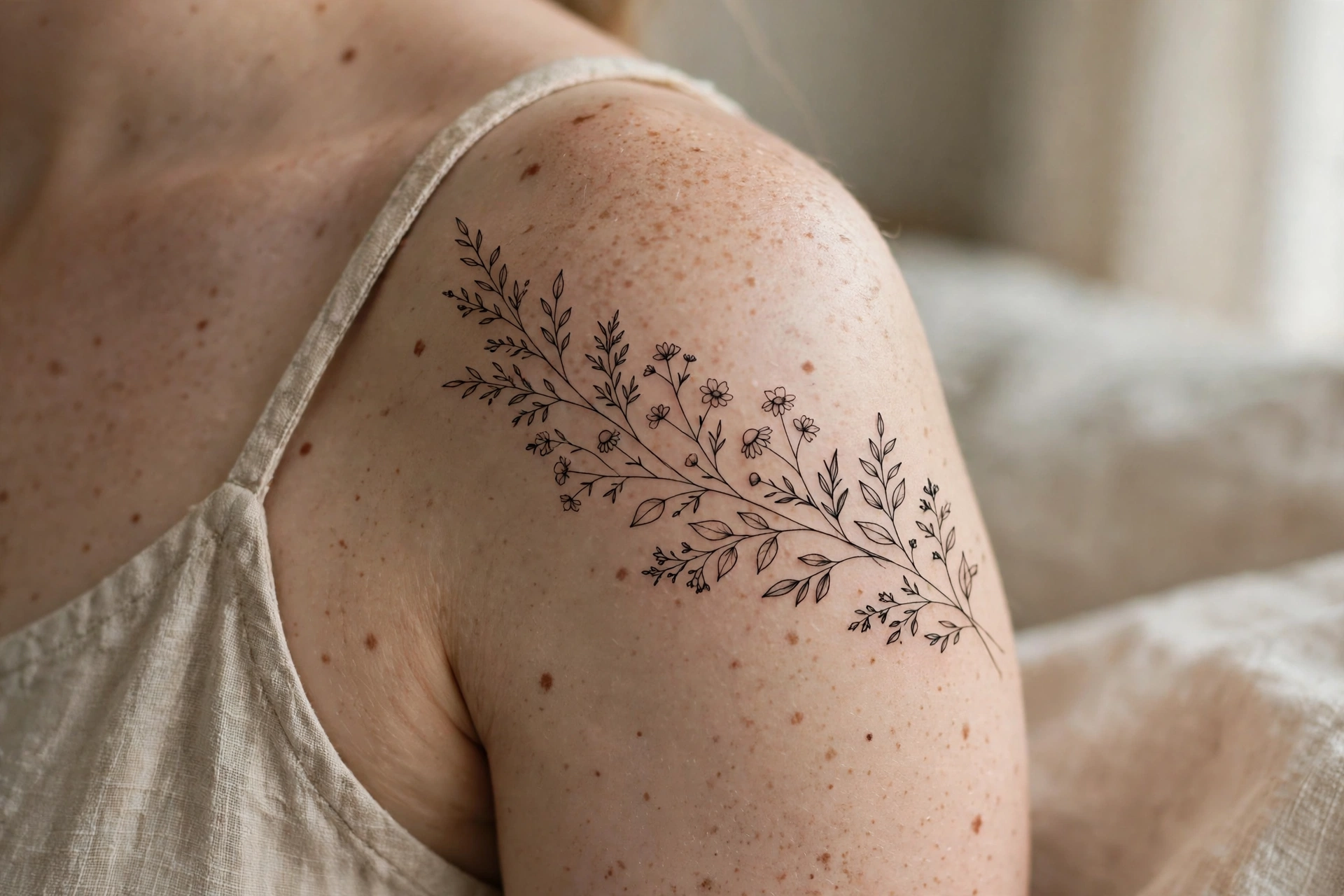 Delicate fine-line botanical flower tattoo on a shoulder