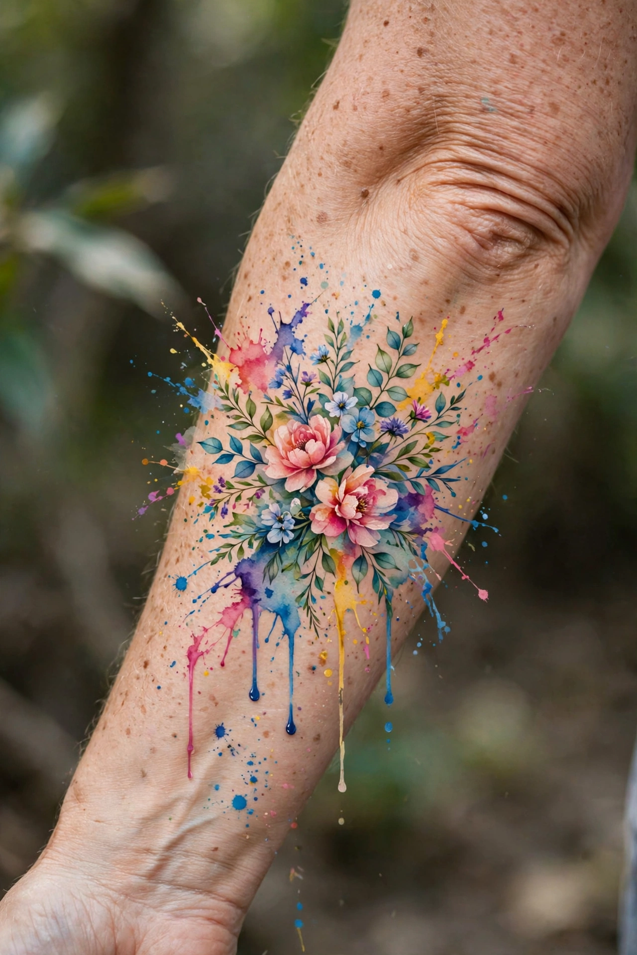Watercolor style tattoo with colorful ink splashes on an arm
