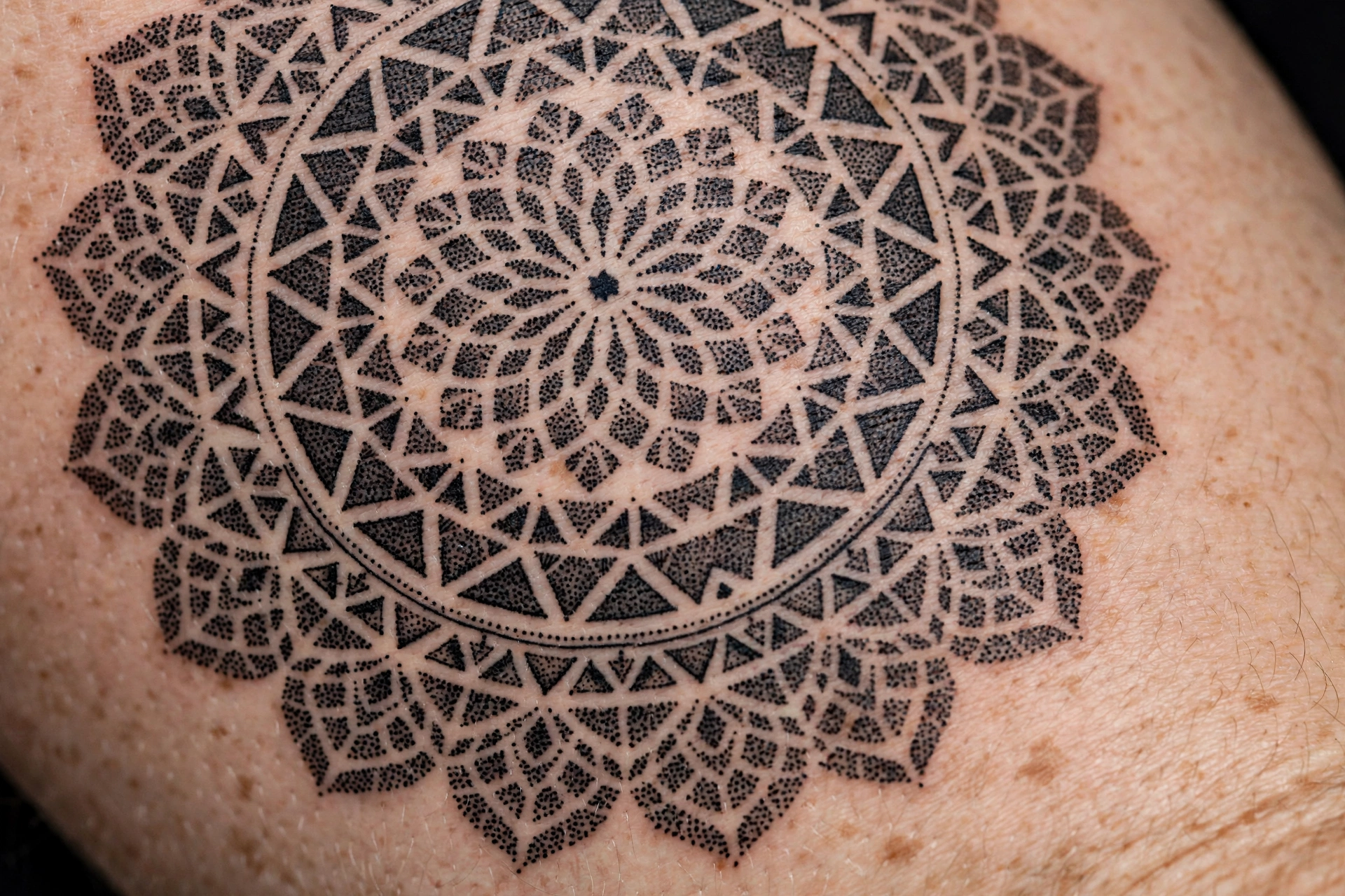 Blackwork geometric dotwork tattoo pattern close-up