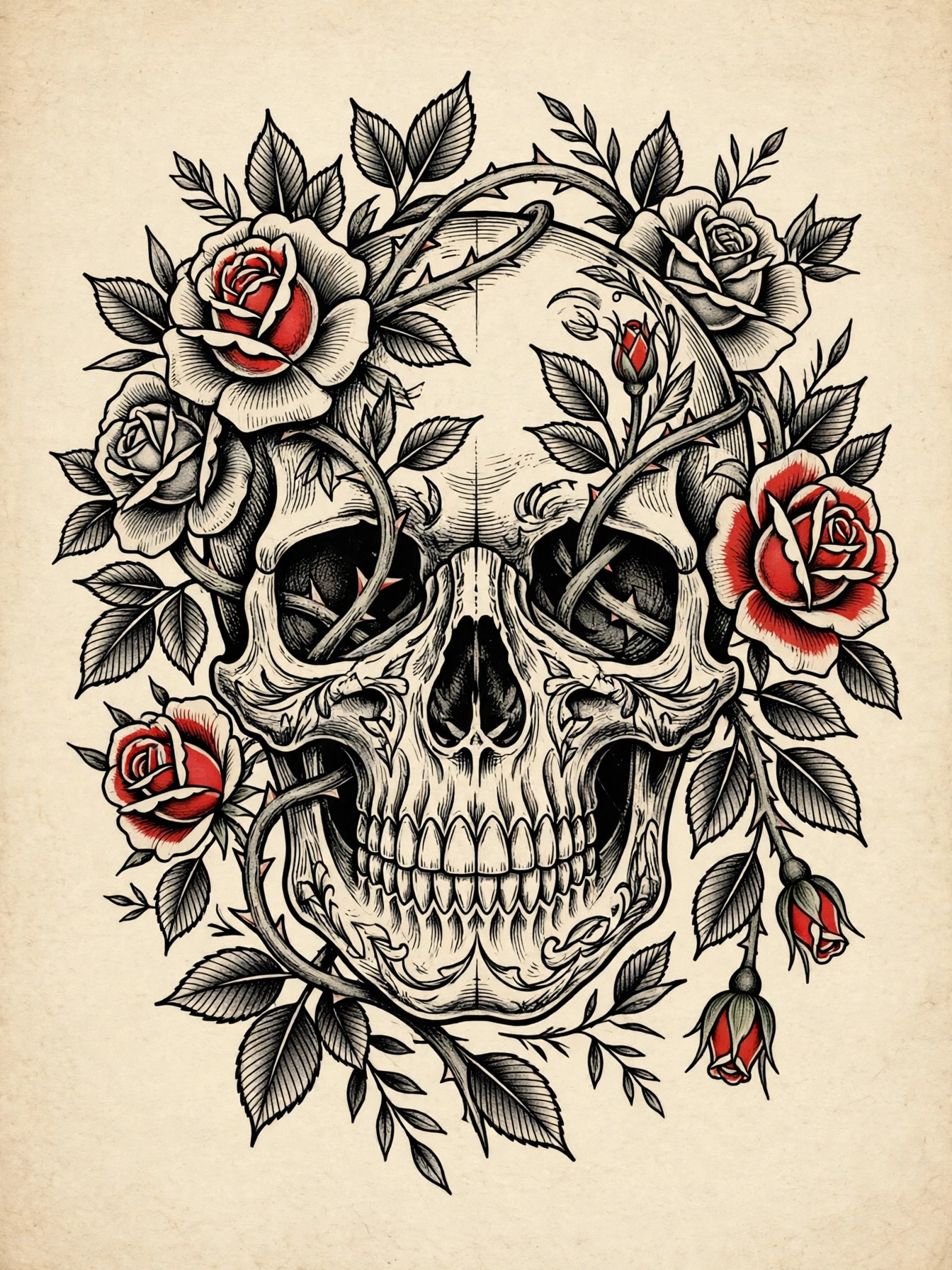Skulls with Florals thigh tattoo for women