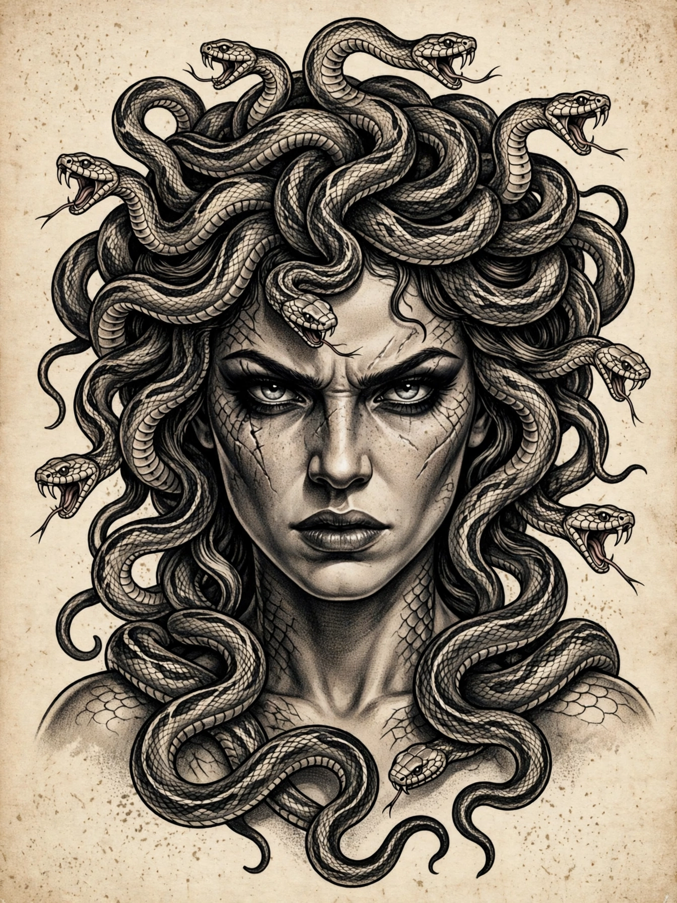 Medusa thigh tattoo for women