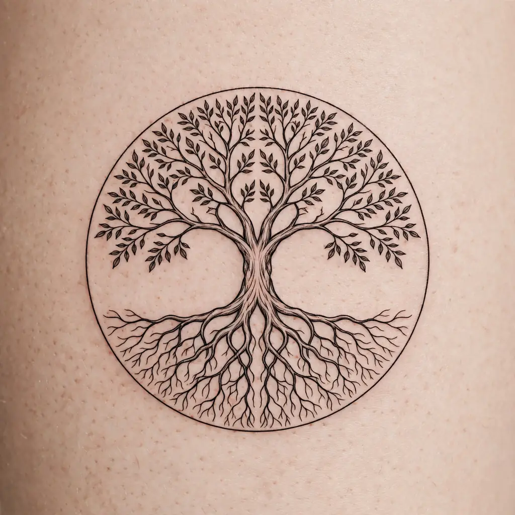 Classic circular tree of life tattoo with roots and branches mirrored inside a circle