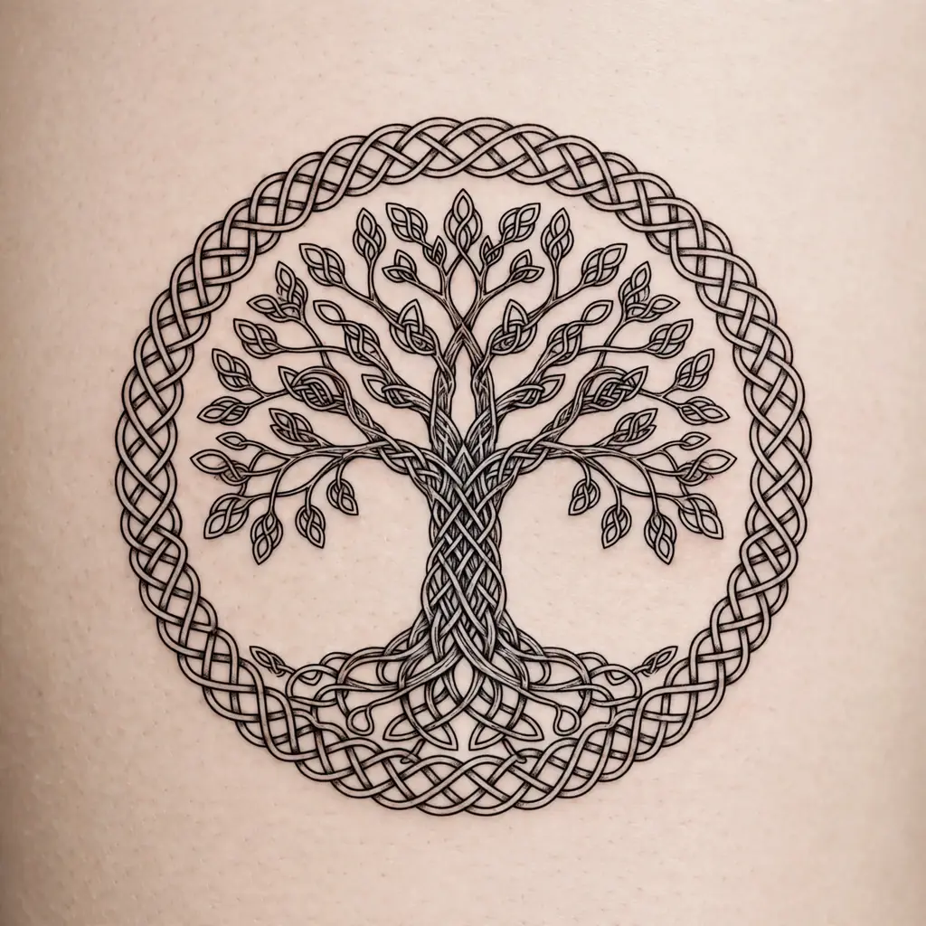 Celtic knotwork tree of life tattoo with branches and roots woven into an unbroken circle