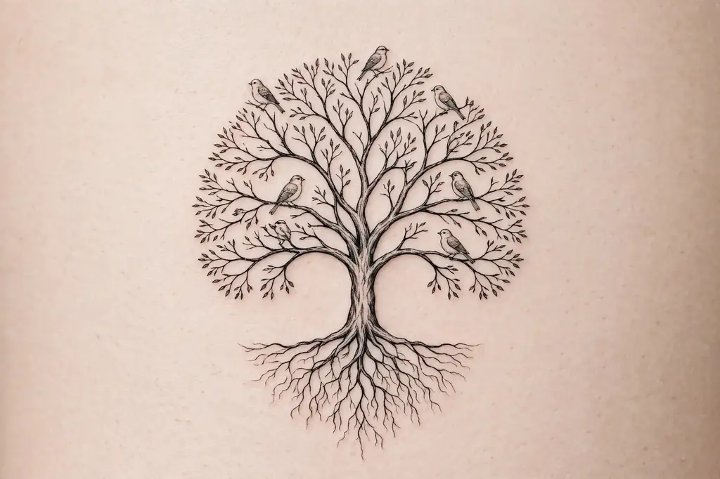 Family tree of life tattoo with small birds on its branches representing family members