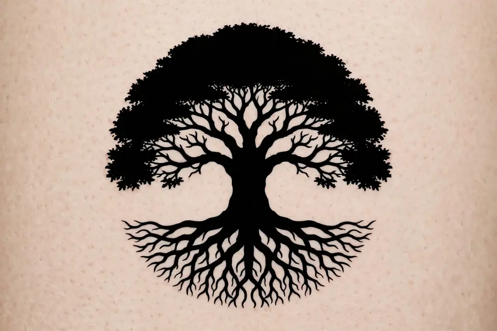 Bold blackwork silhouette tree of life tattoo with a solid black canopy and roots