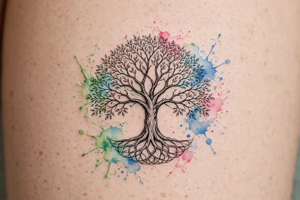 Watercolor tree of life tattoo with soft green, blue and pink colour splashes