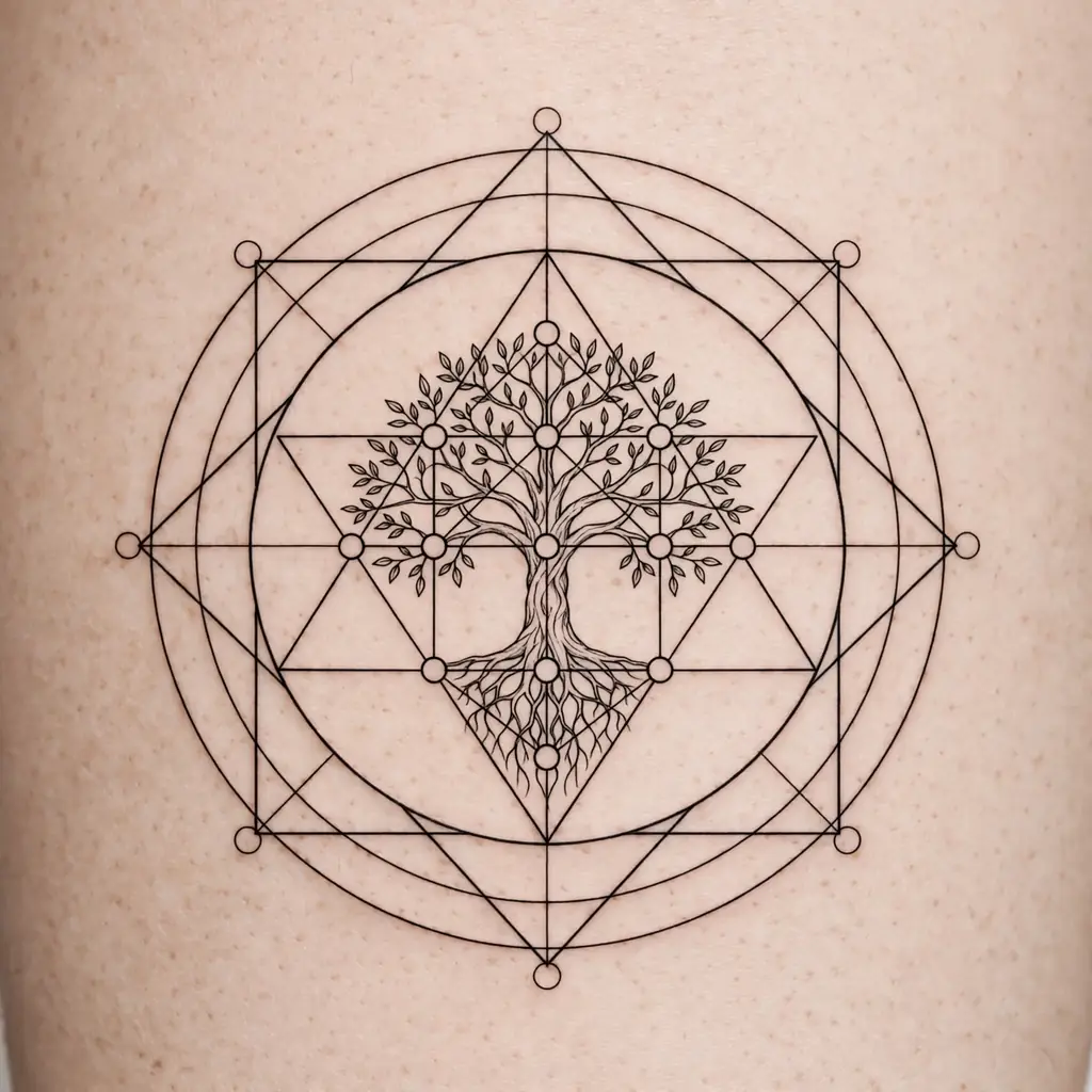 Geometric sacred geometry tree of life tattoo inside triangles and circles