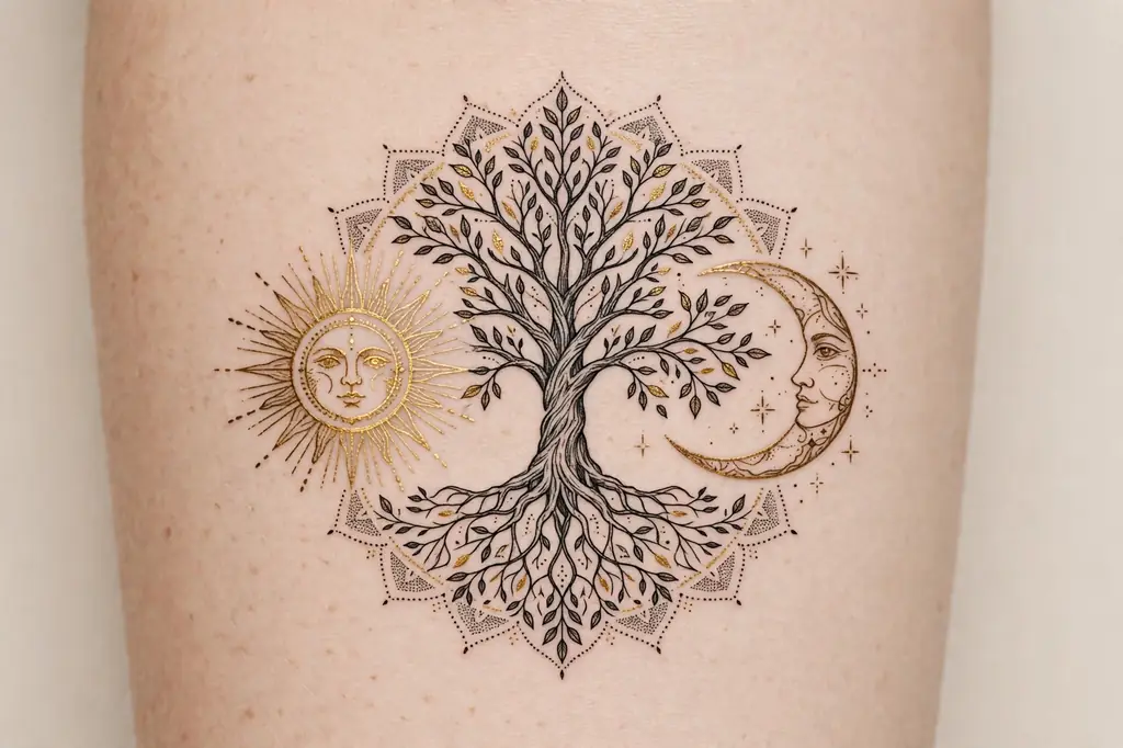 Tree of life tattoo with a sun on one side and a crescent moon on the other
