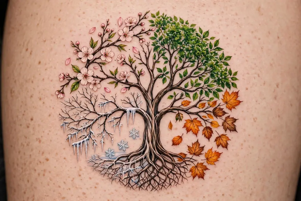 Four seasons tree of life tattoo split into spring blossom, summer green, autumn orange and winter bare quarters