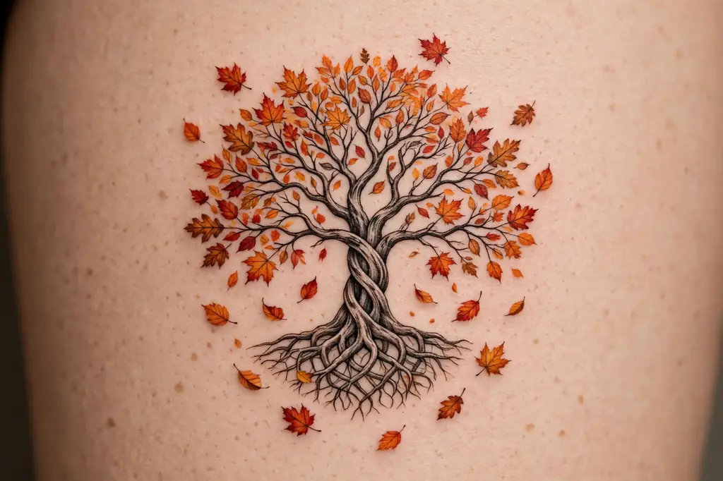 Autumn tree of life tattoo with falling orange and red leaves