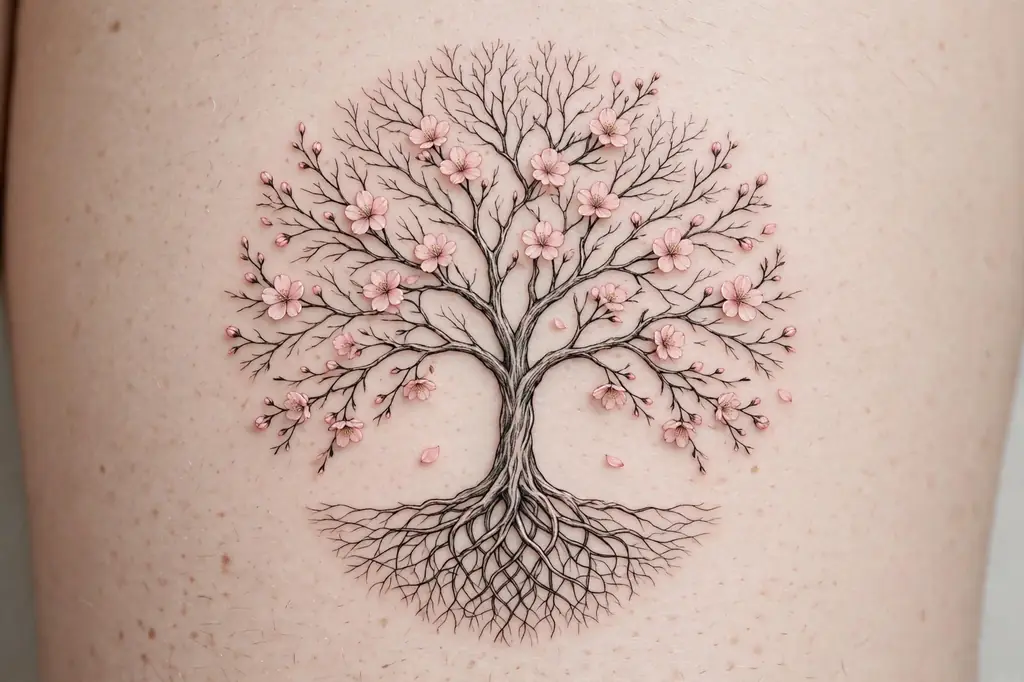 Spring cherry blossom tree of life tattoo with delicate pink blossoms