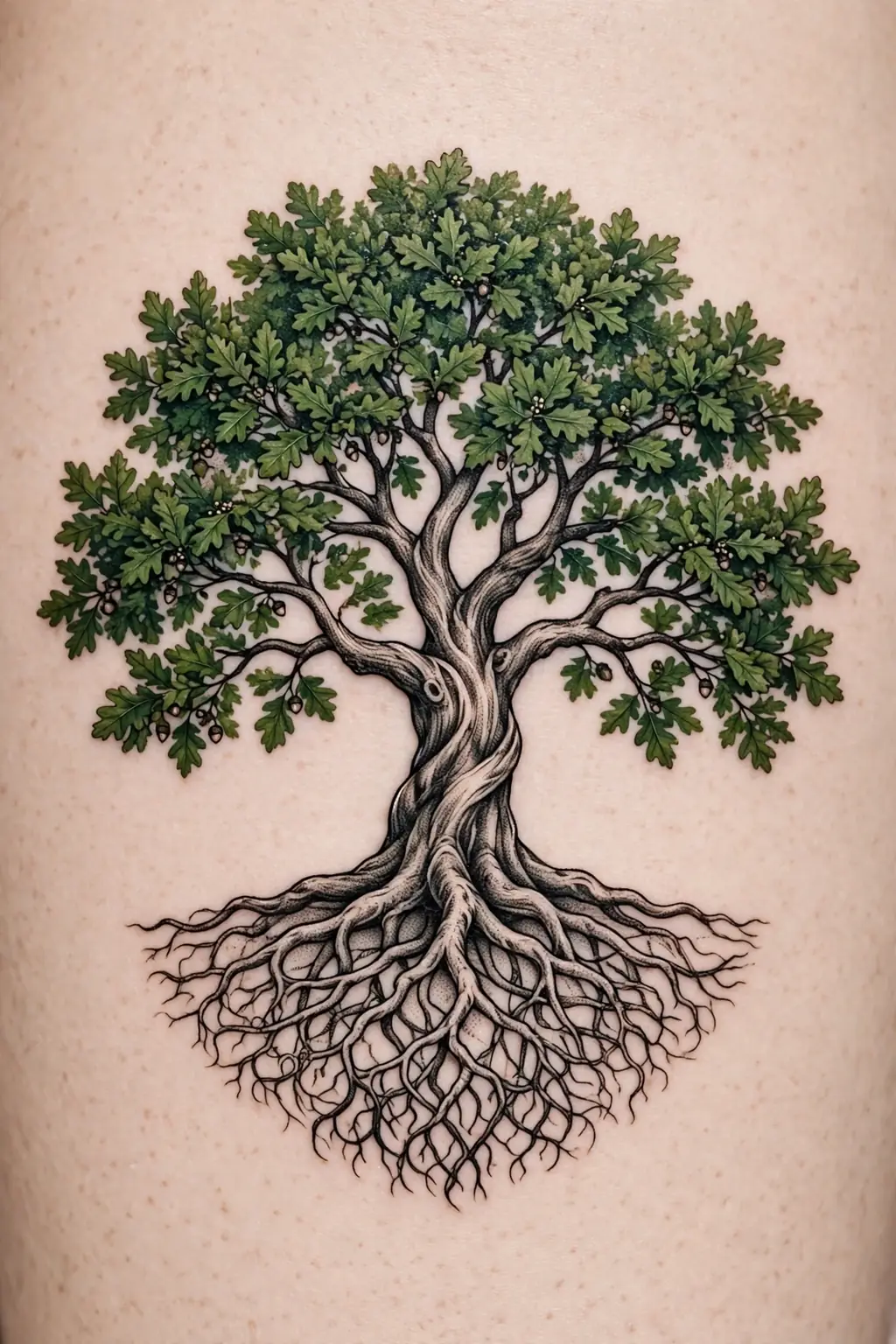 Full summer oak tree of life tattoo with a dense green canopy and deep roots