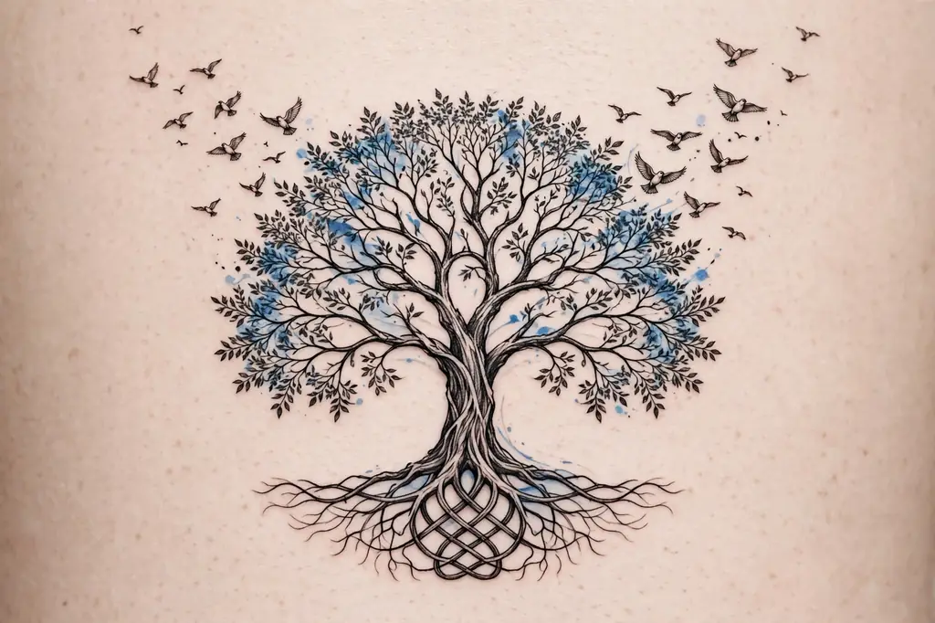 Tree of life tattoo with birds flying free from its branches
