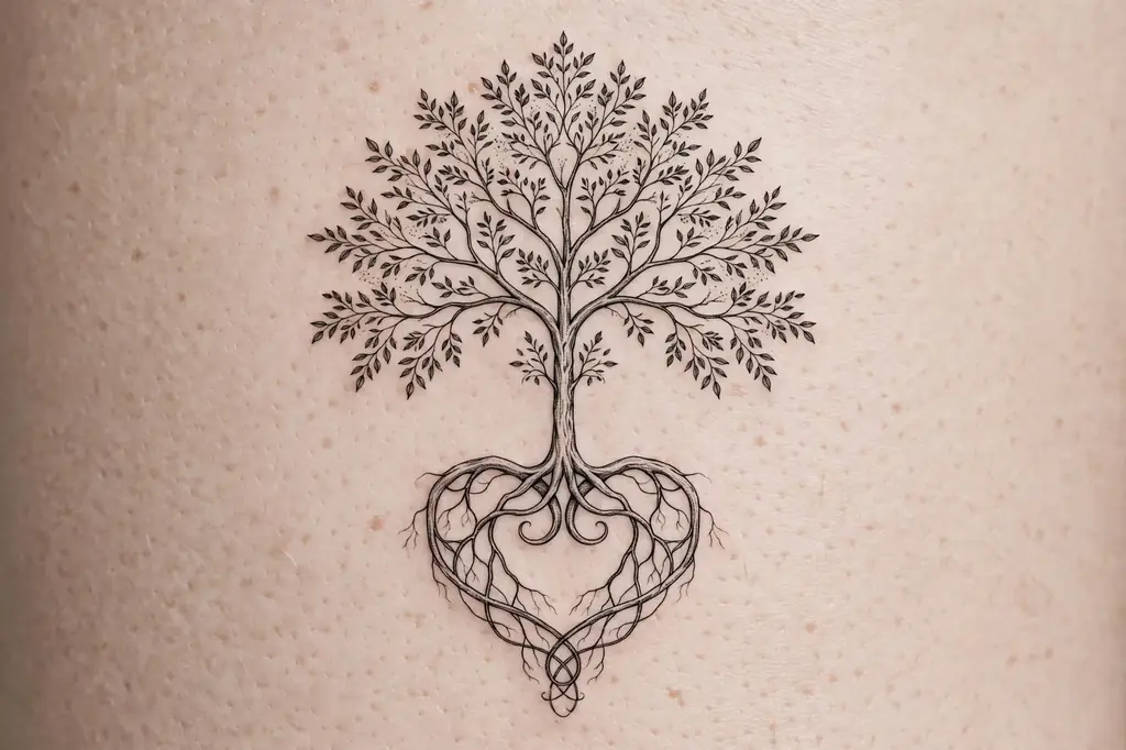 Tree of life tattoo whose roots form a heart shape