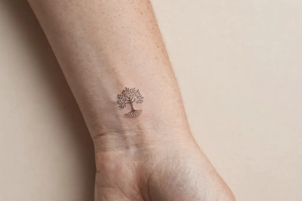 Tiny minimalist tree of life tattoo on a wrist