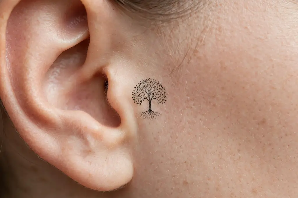 Tiny tree of life tattoo tucked behind an ear