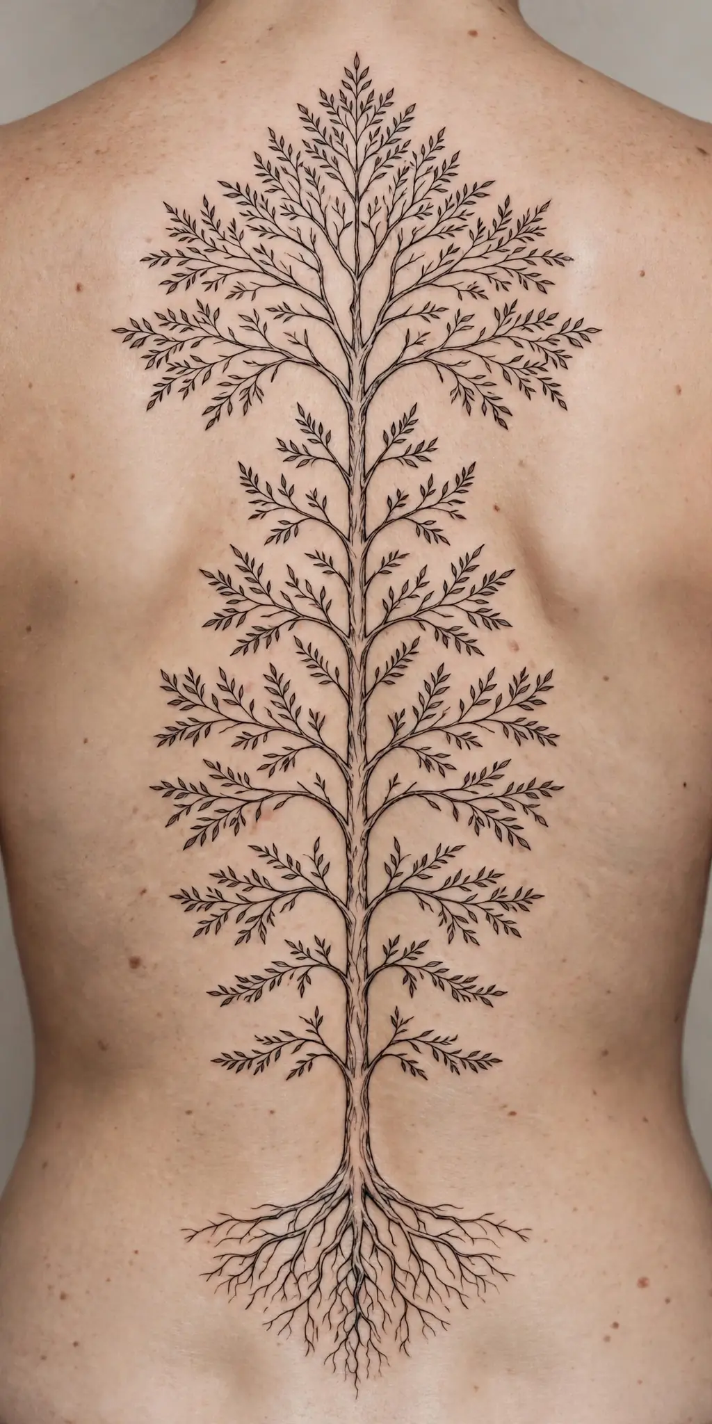 Tall vertical spine tree of life tattoo with a long trunk and spreading branches