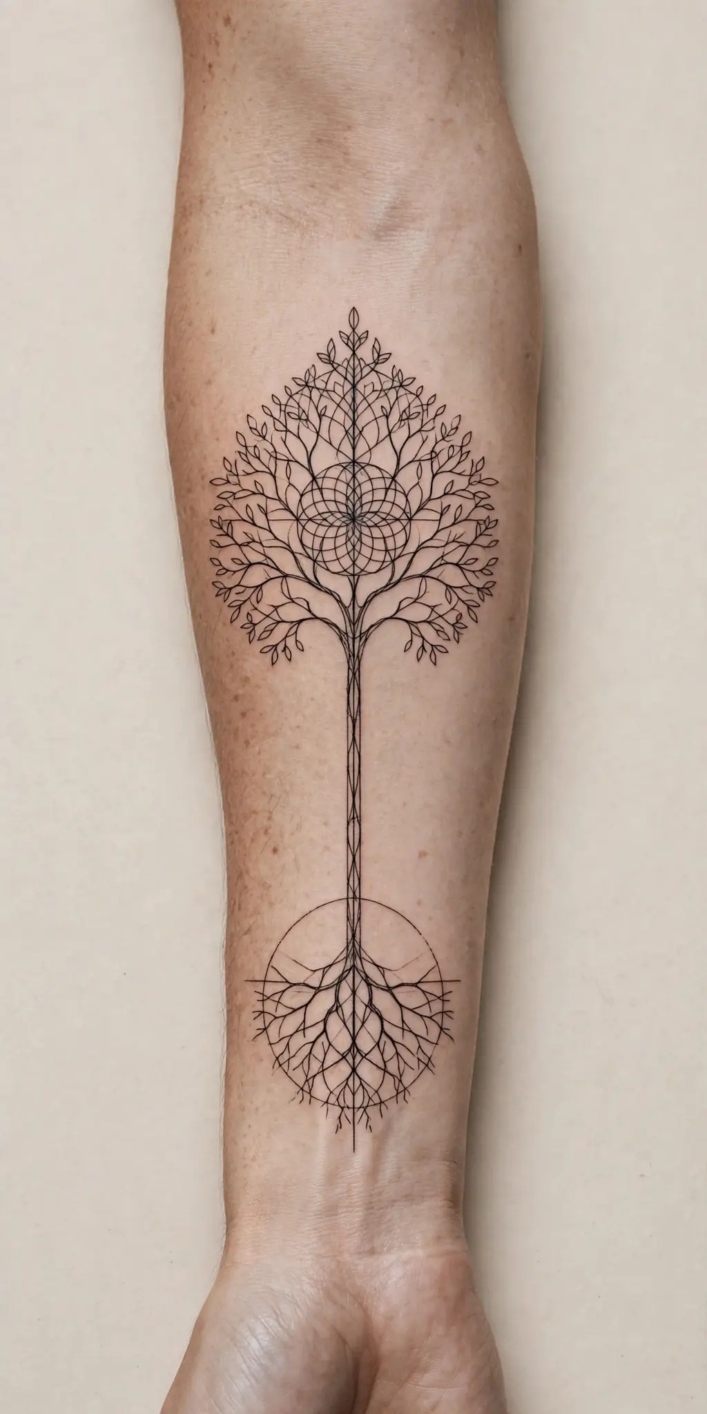 Vertical forearm tree of life tattoo in black ink