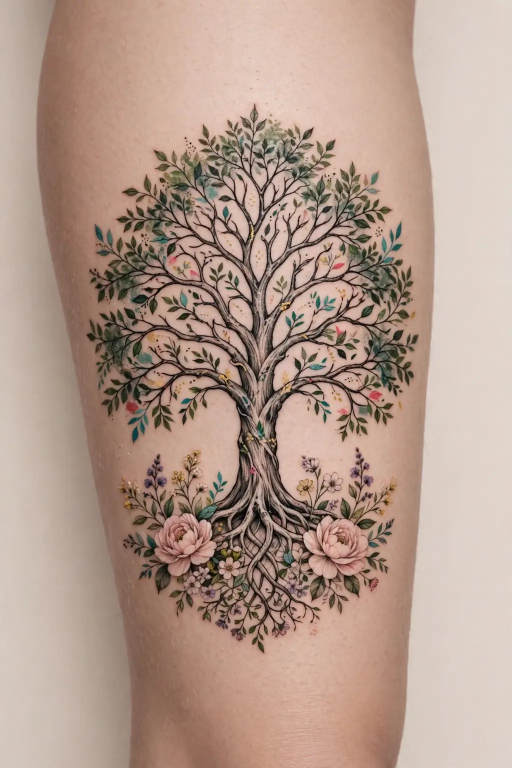 Large thigh tree of life tattoo with flowers at its base