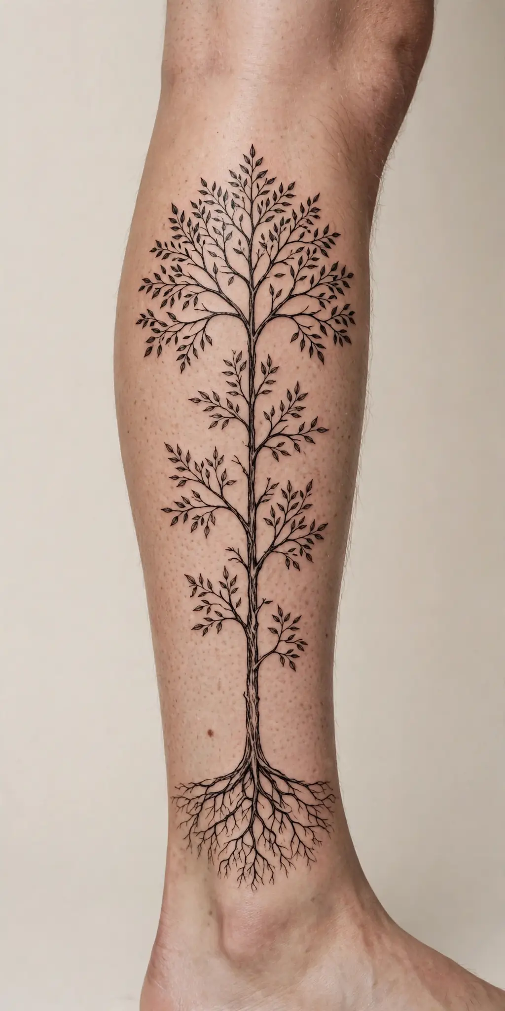 Tall slim calf tree of life tattoo following the shape of the calf