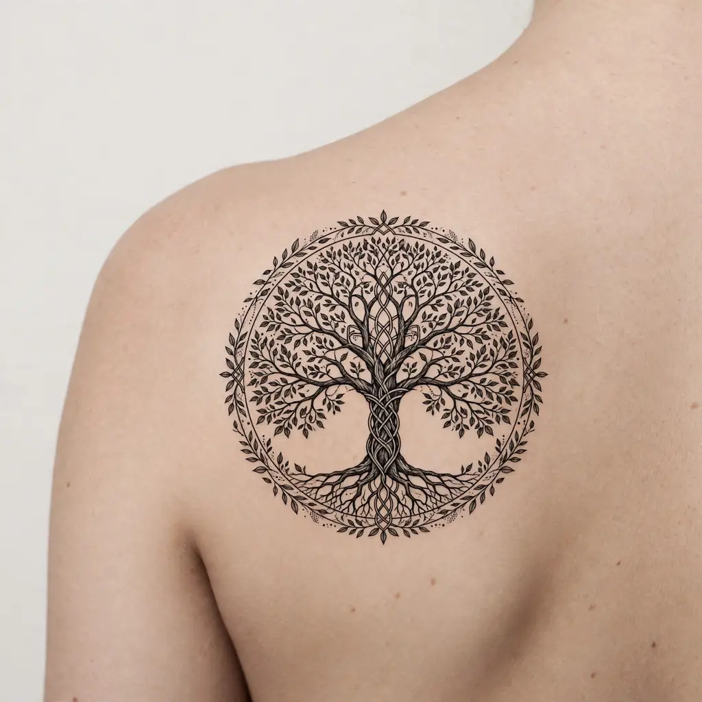 Circular shoulder blade tree of life tattoo in black ink
